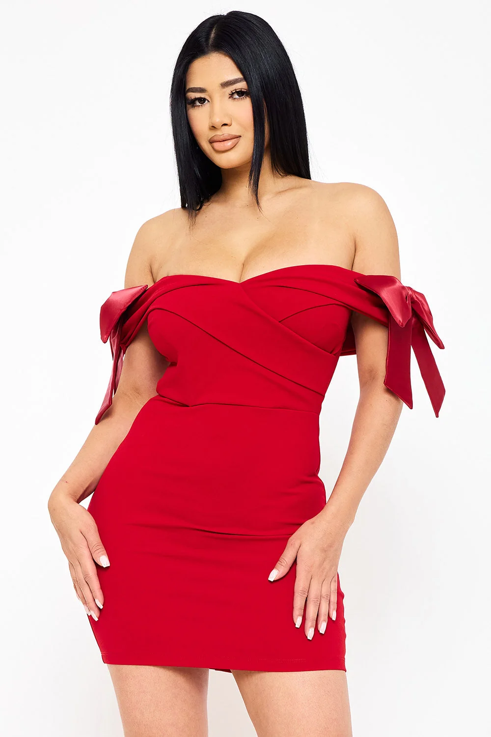 Symphony Dress - Satin Bow On Sleeve Off The Shoulder Mini Dress