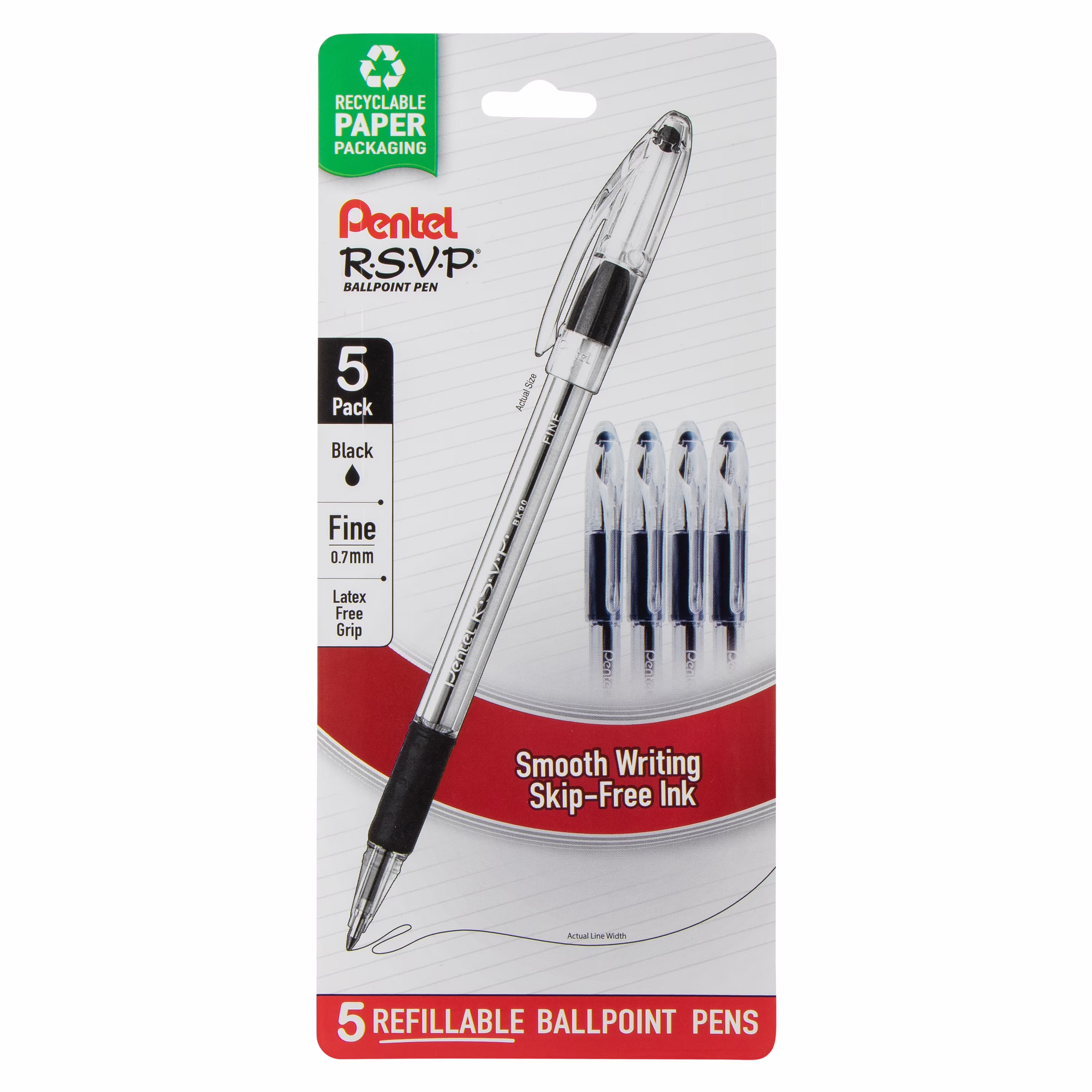 Pentel RSVP Ballpoint Pen, (0.7mm) Fine Line, Black Ink, 5 Pens Per Pack