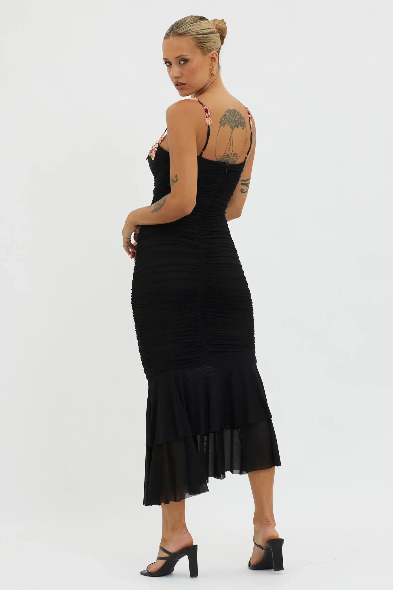 Rose Garden Ruched Mesh Midi Dress Black