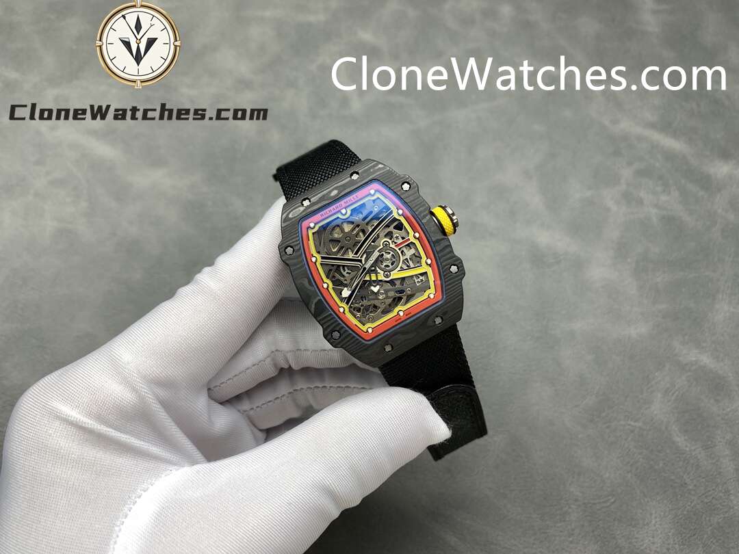 Richard Mille Super Clone Watches 1:1 RM 67 – 02 Carbon Tourbillon Red & Yellow Inner Bezel Black Strap