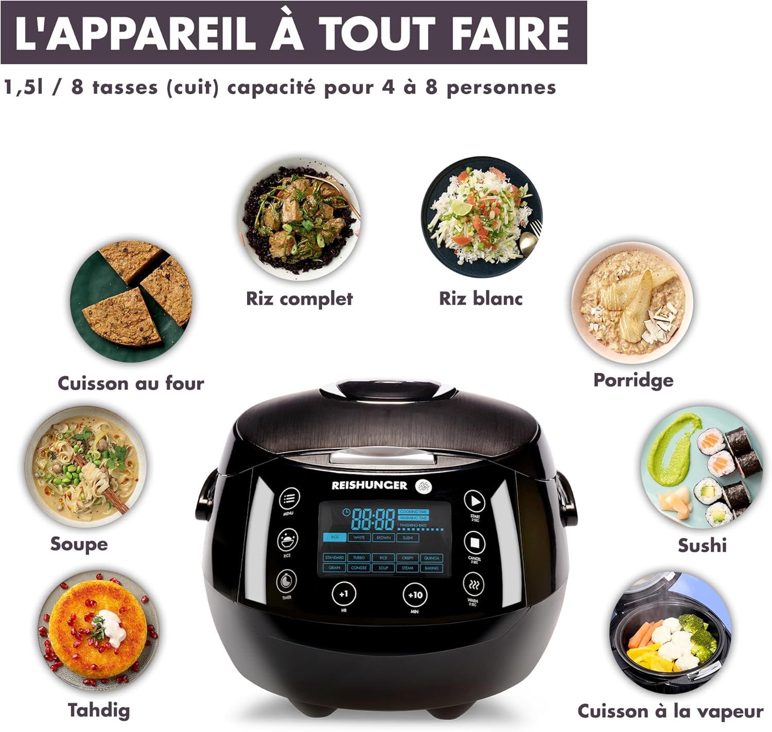 Cuiseur riz et vapeur numérique bol céramique 1,5 L 12 programmes