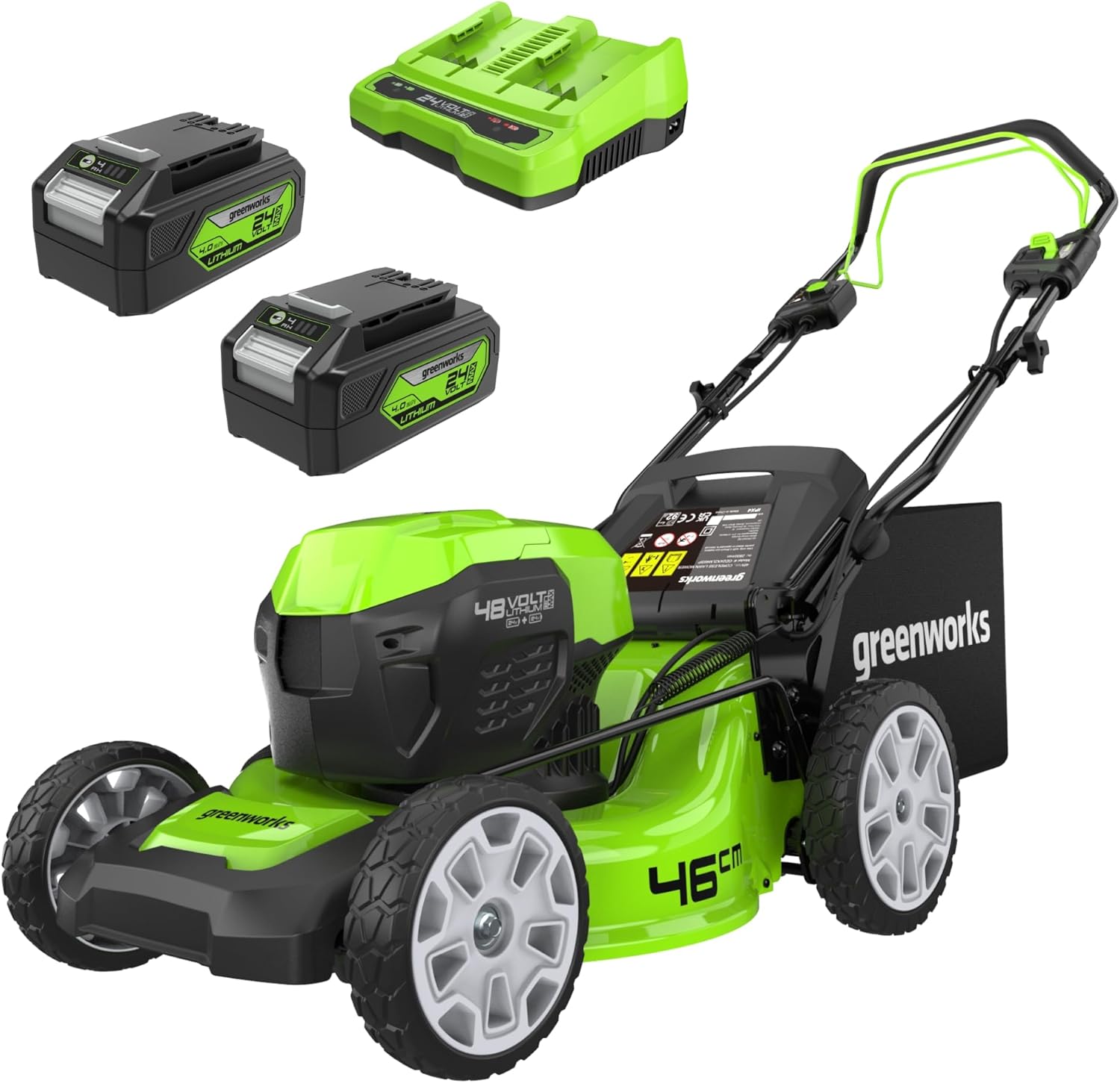 Tondeuse gazon sans fil 48 V 46 cm sac 55 L avec batteries et chargeur