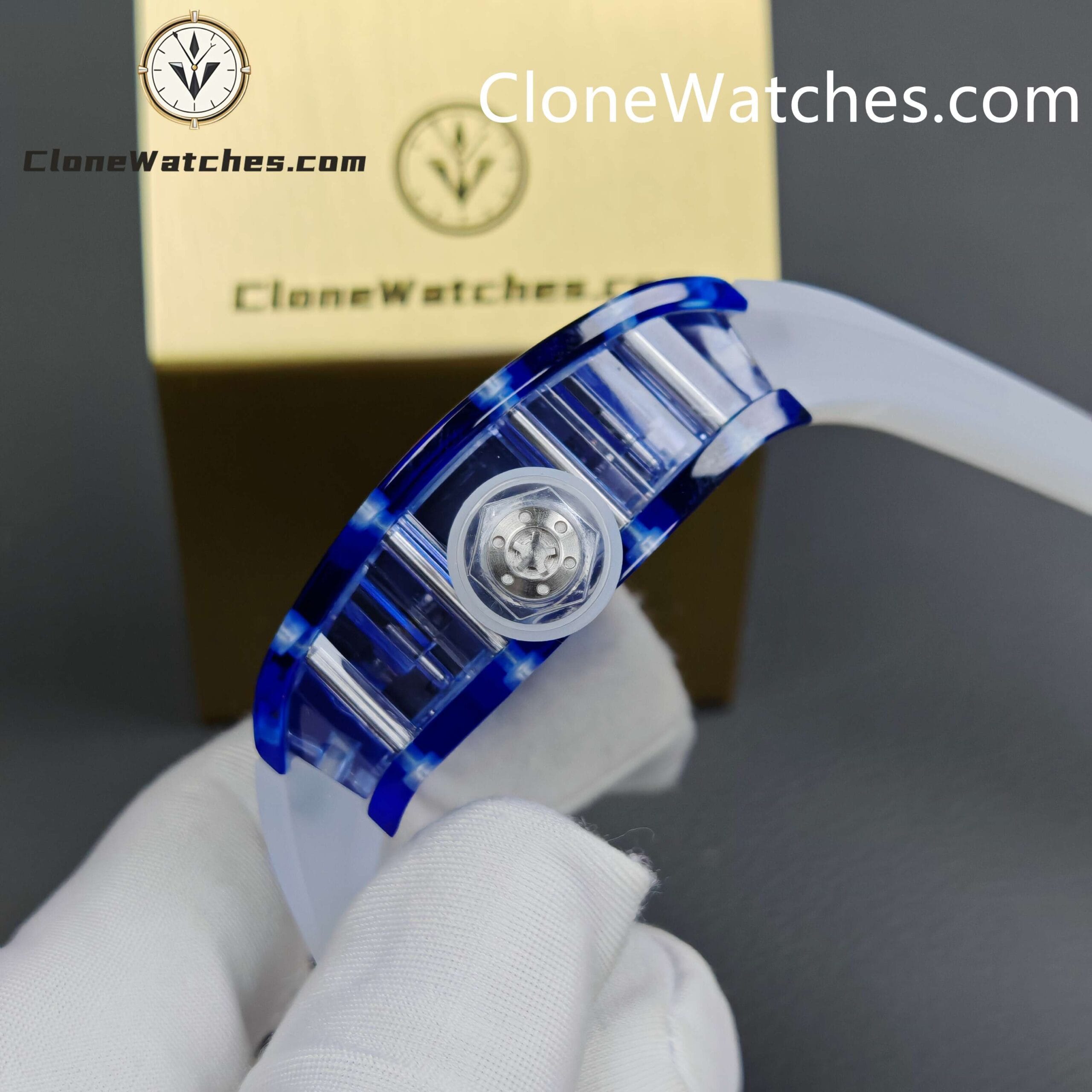 Richard Mille Super Clone Watches 1:1 RM 027 – 03 Blue Crystal Full Transparent Tourbillon White Strap