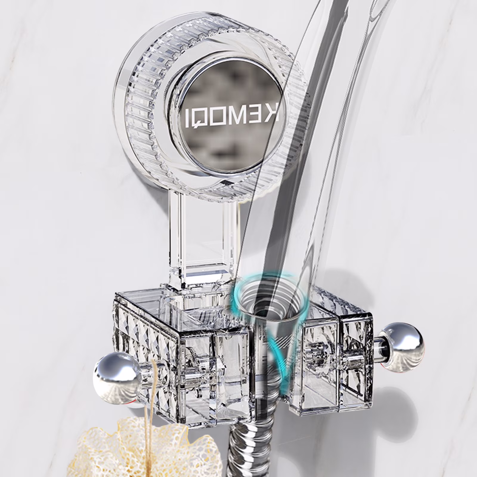 COM1950s Shower Head Holder Wall Mount,Handheld Shower Head Holder - Adjustable Suction Cup Bracket for Bathroom Wall Mount with Hook for Towels,Shower Ball,Shower Loofah,1Pc(Clear)