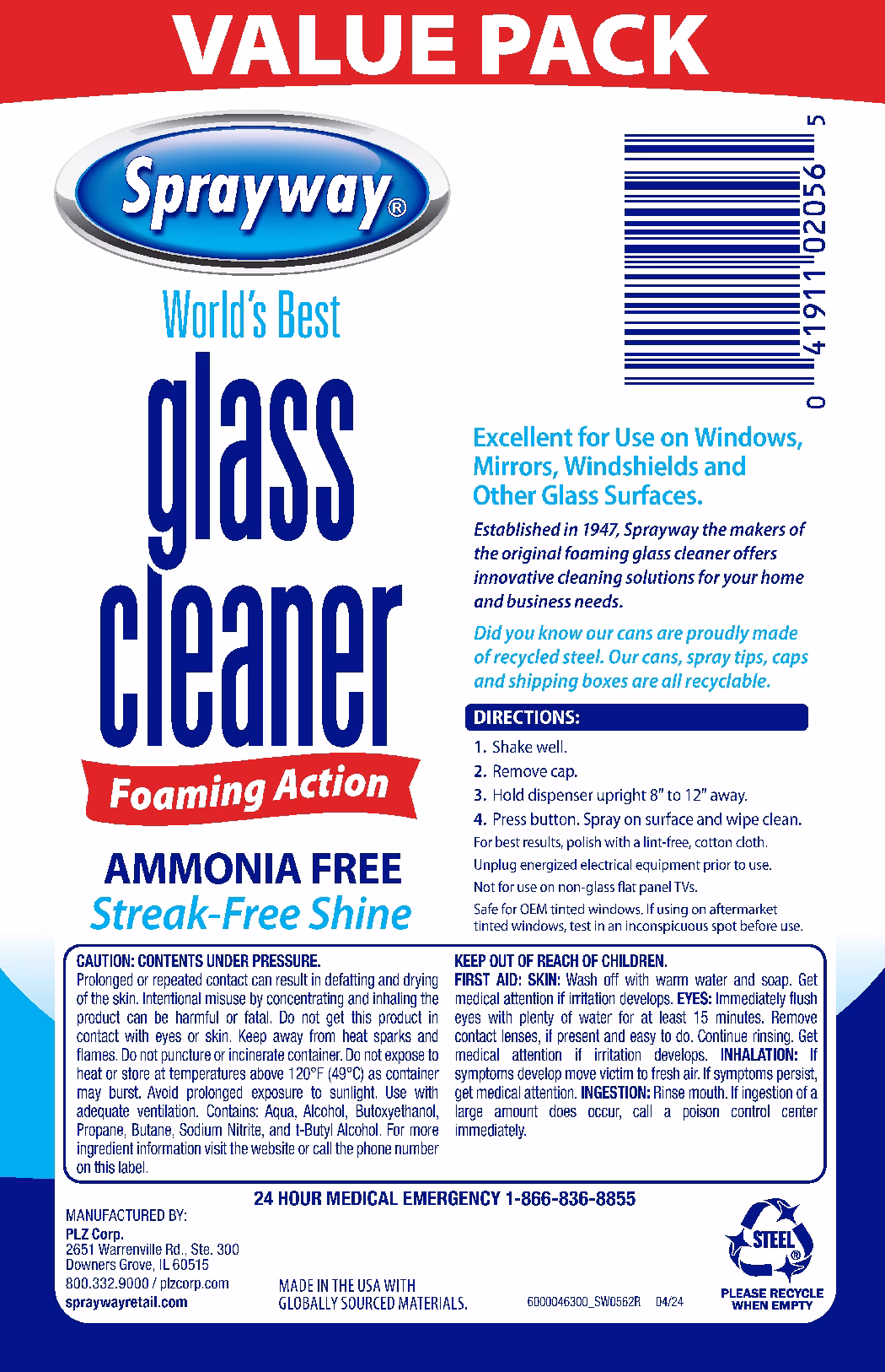 Sprayway Glass Cleaner Foaming Aerosol Spray, 19 oz, 2-Pack, Ammonia-Free, Streak-Free Shine