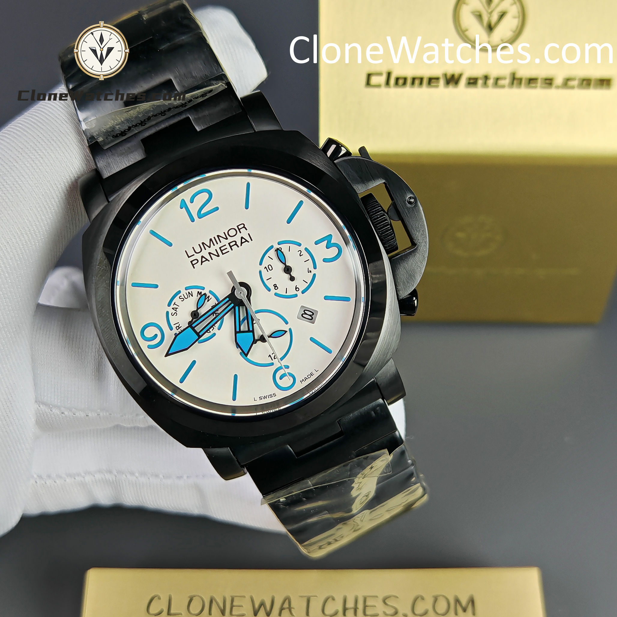Panerai Super Clone Watches 1:1 White Dial Black Bracelet 44mm