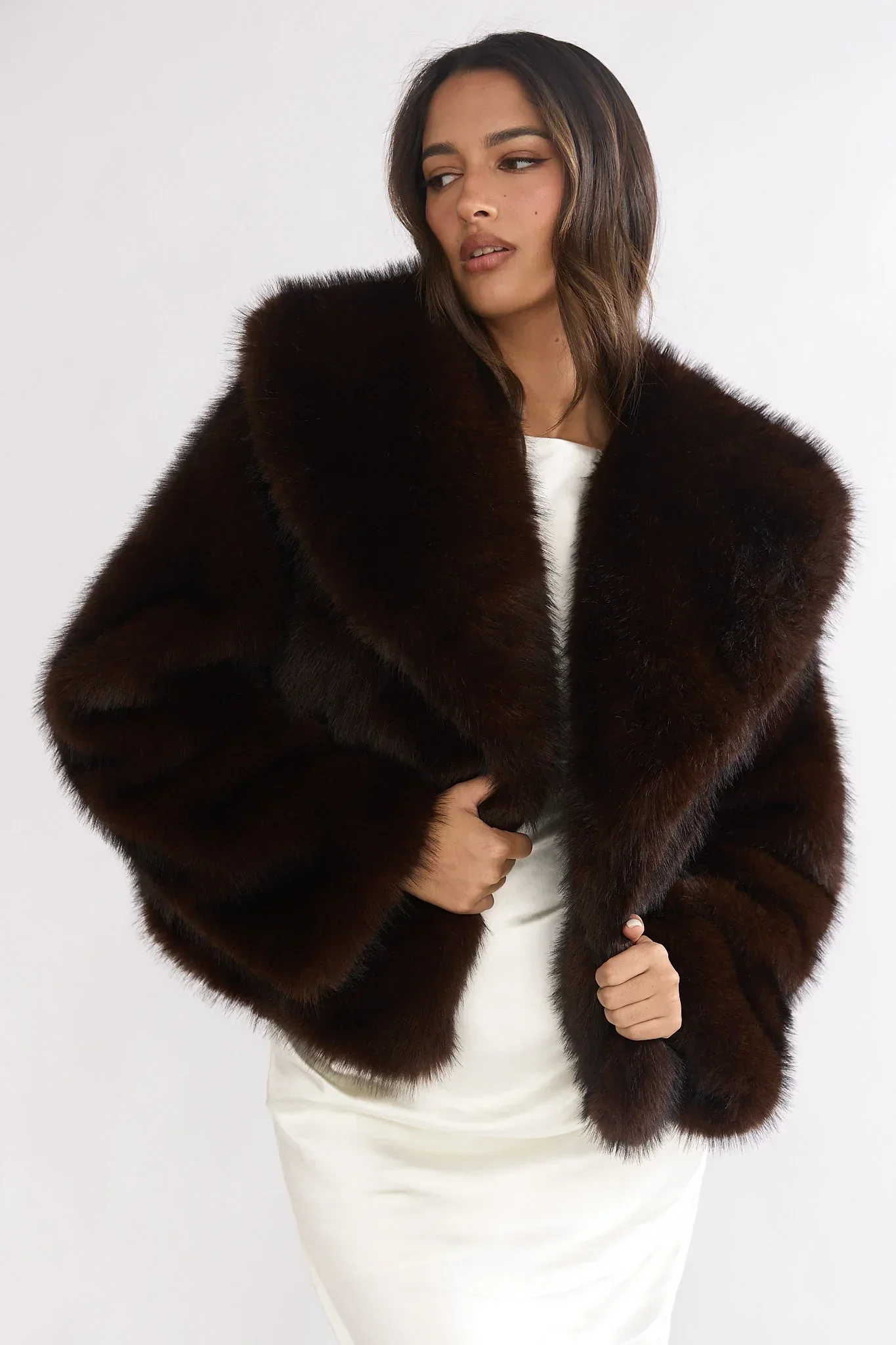 Marella Oversized Lapel Faux Fur Jacket Coffee
