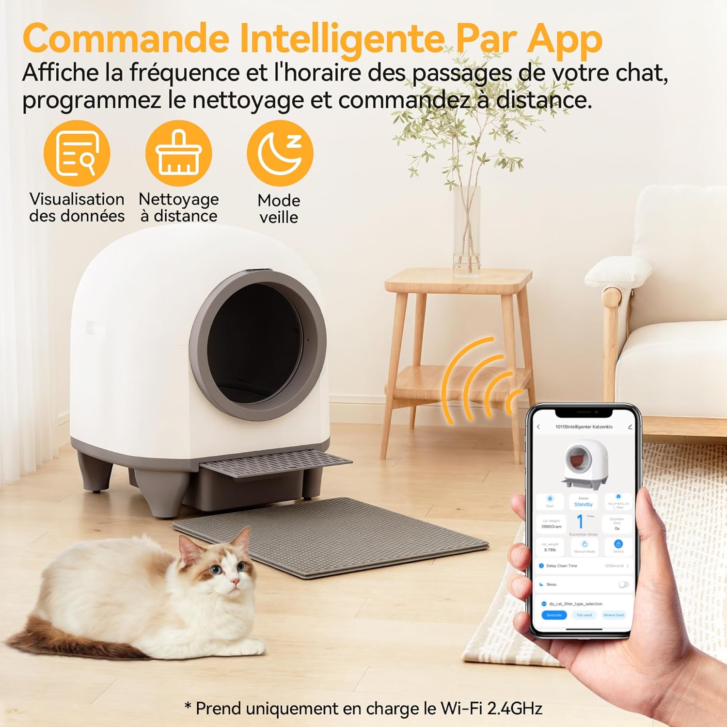 Litière chat autonettoyante 90 L contrôle appli capteurs multiples grands chats