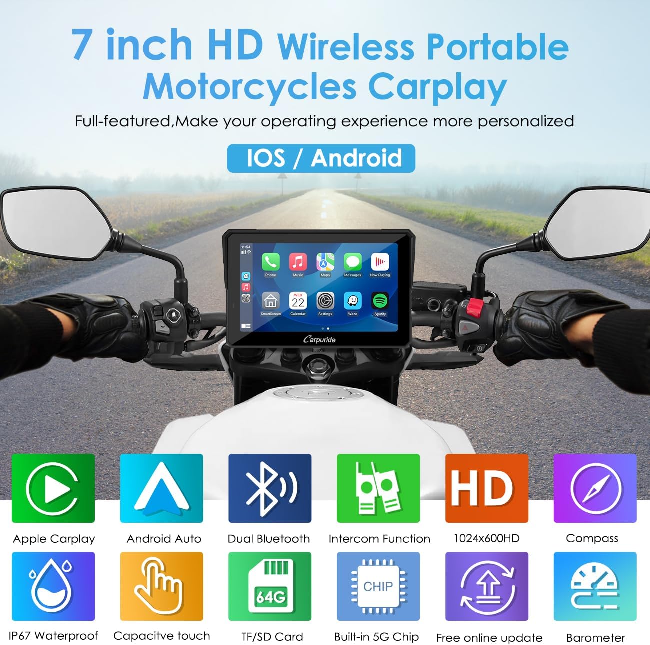 Écran moto CarPlay Android Auto 7 pouces étanche double Bluetooth navigation