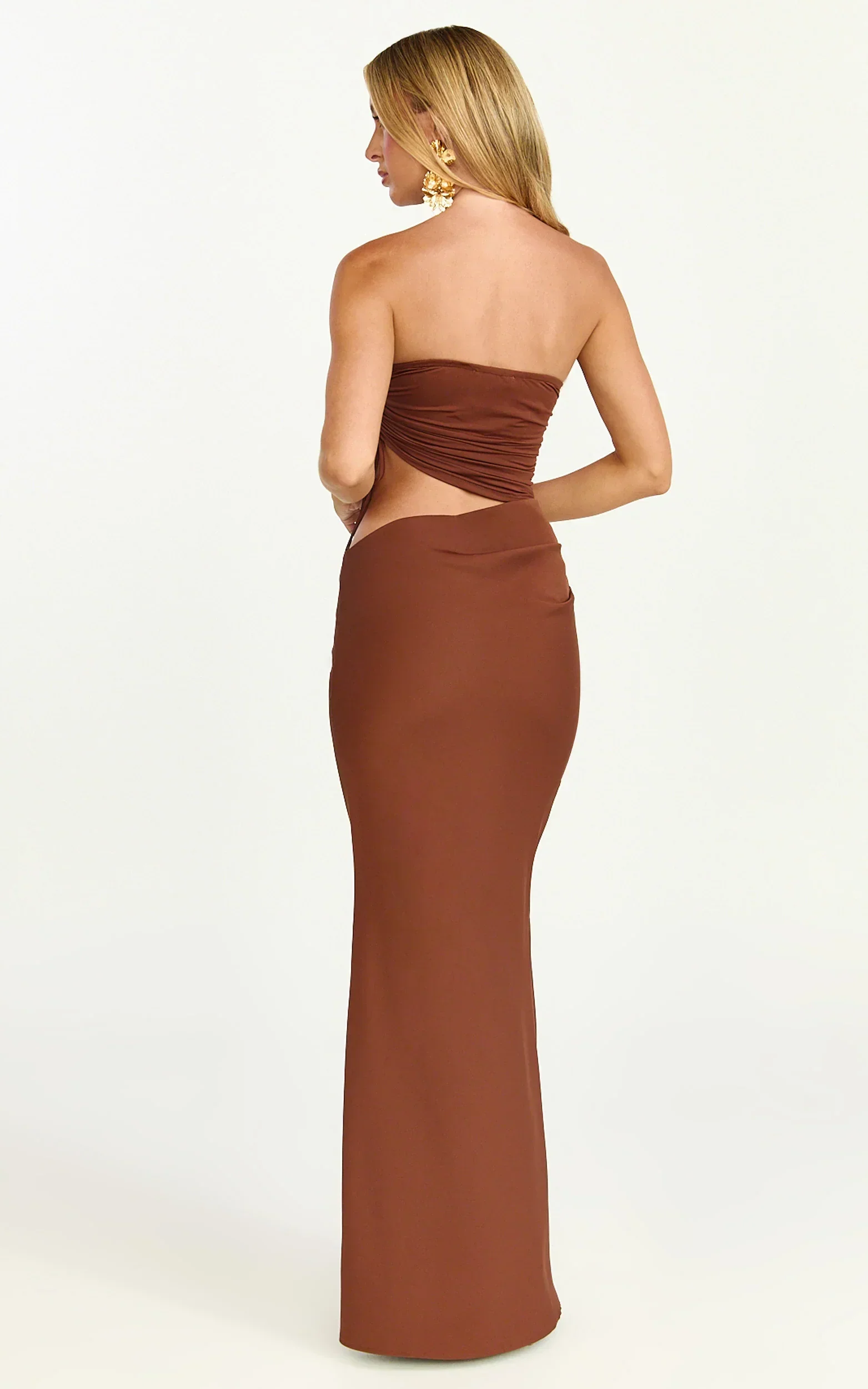 Fergie Maxi Dress - Strapless Side Ruched Cut Out Fitted Dress in chestnut brown