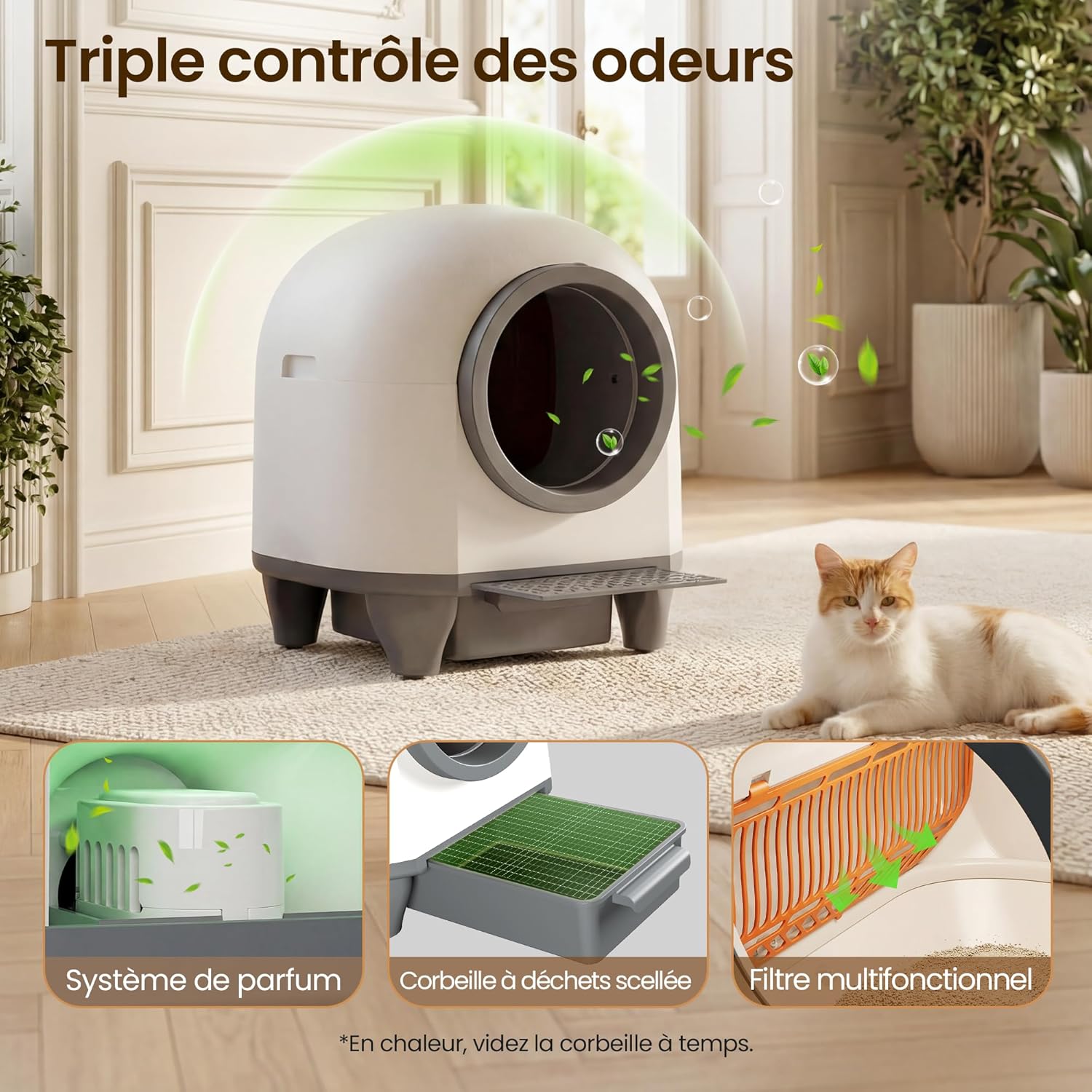 Litière chat autonettoyante grande capacité 90 L contrôle app 6 capteurs adaptée grands chats jusqu’à 10 kg
