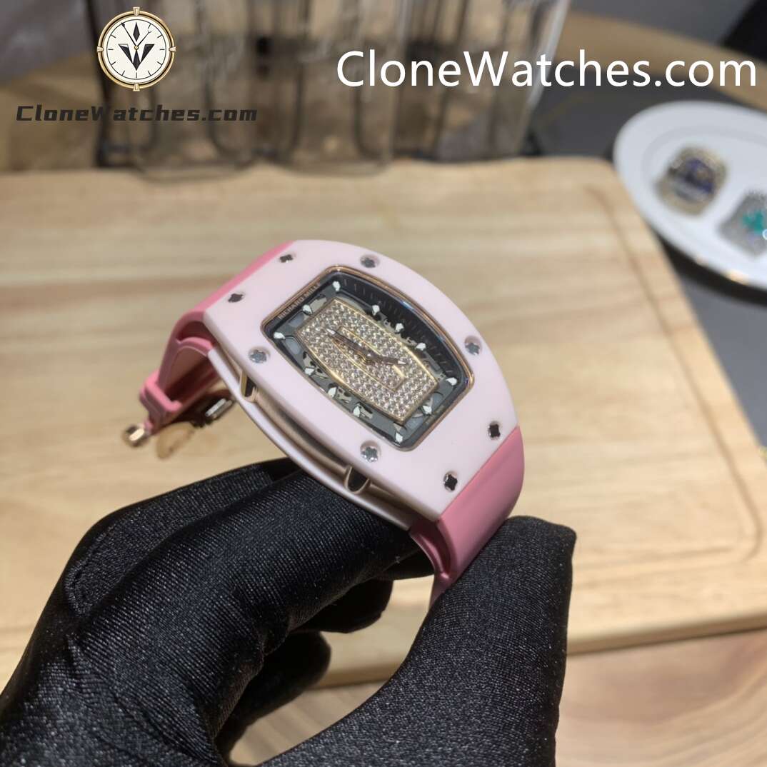 Richard Mille Super Clone Watches 1:1 RM 07 – 01 Pink Ceramic Diamond Dial Pink Strap