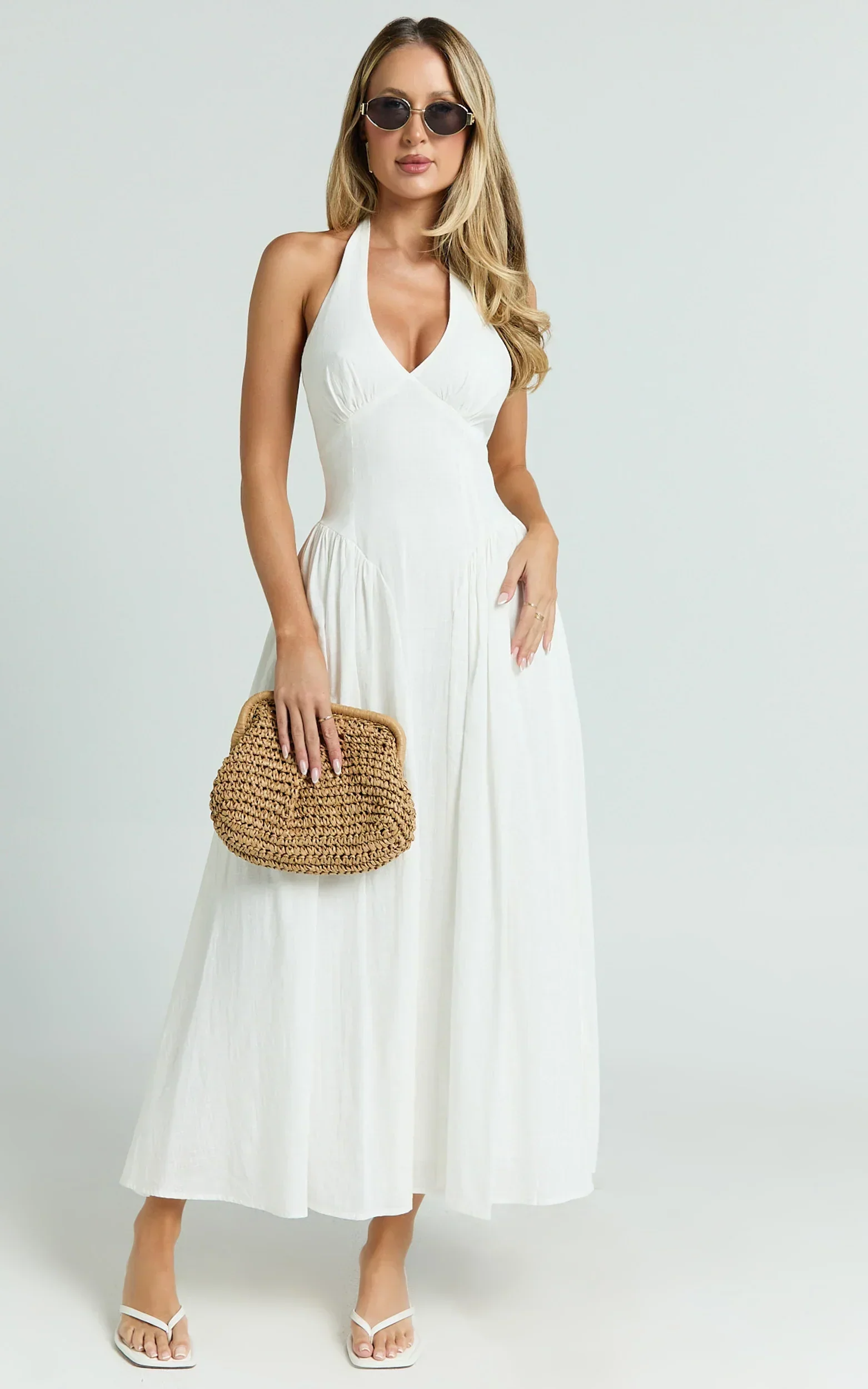 Athena Midi Dress - Halter Drop Waist Dress in White