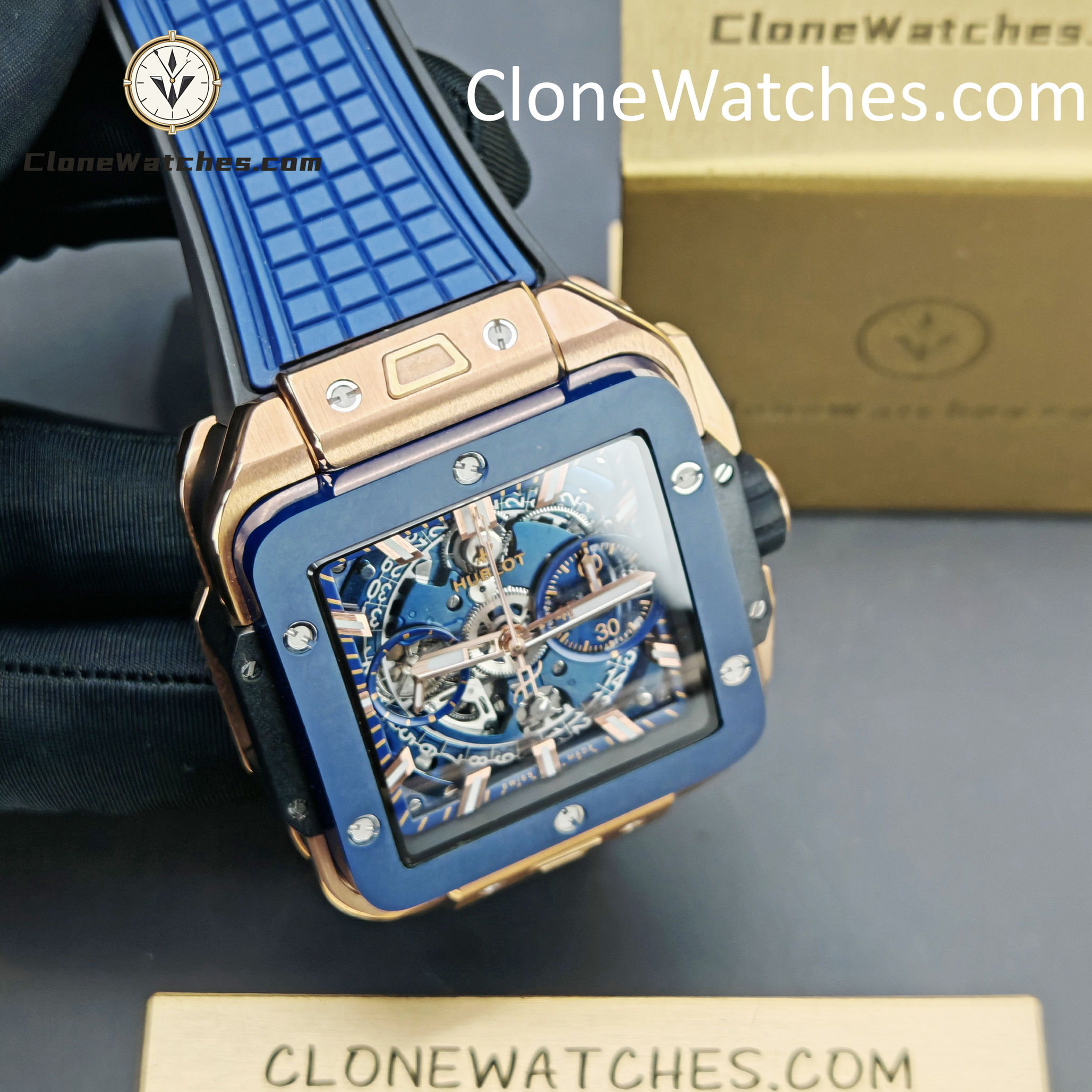 Hublot Super Clone Watches 1:1 Square Bang Unico King Gold Blue Ceramic 42MM 821.OL.5180.RX