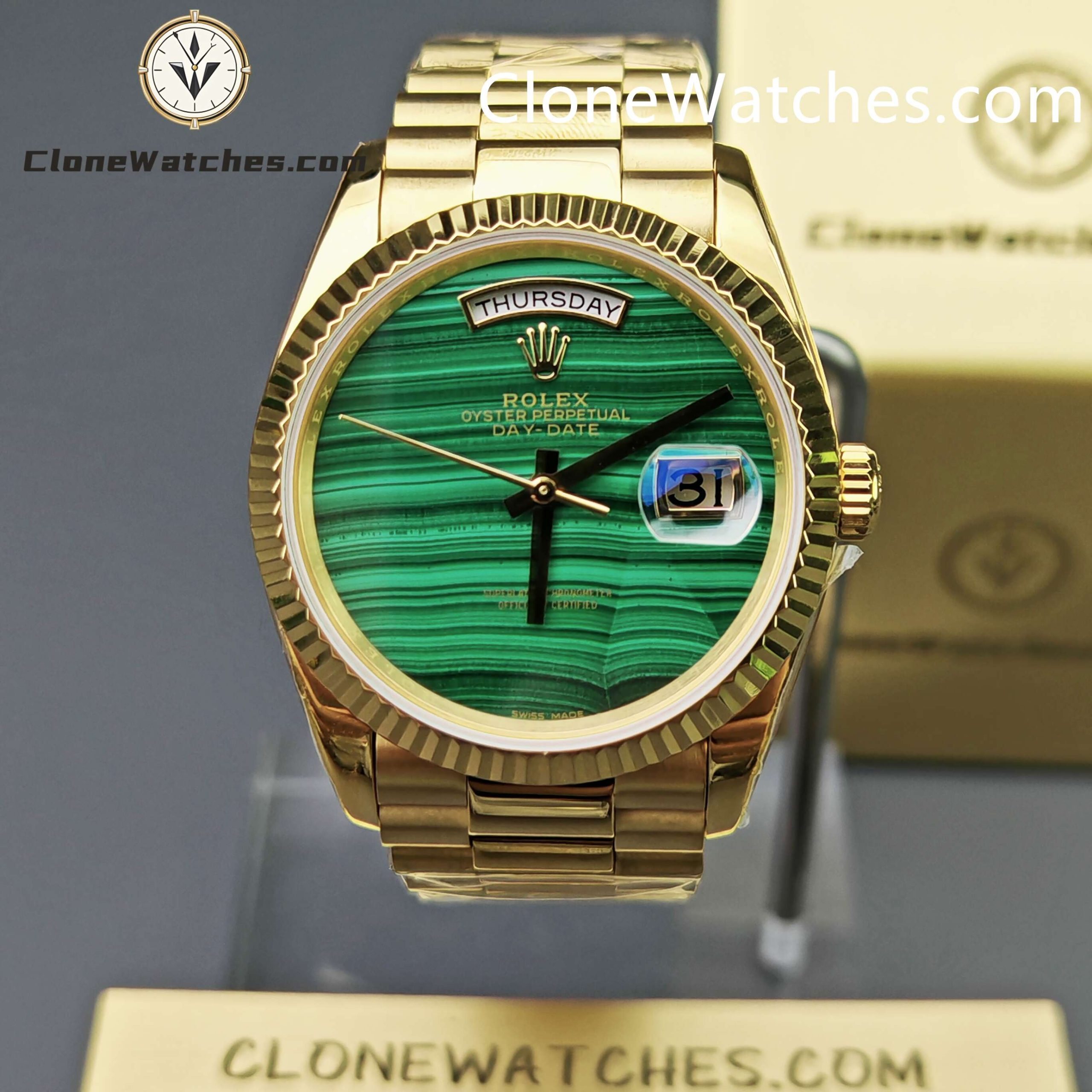 Rolex Super Clone Watches 1:1 Day Date Gold Malachite Dial 36mm 128238