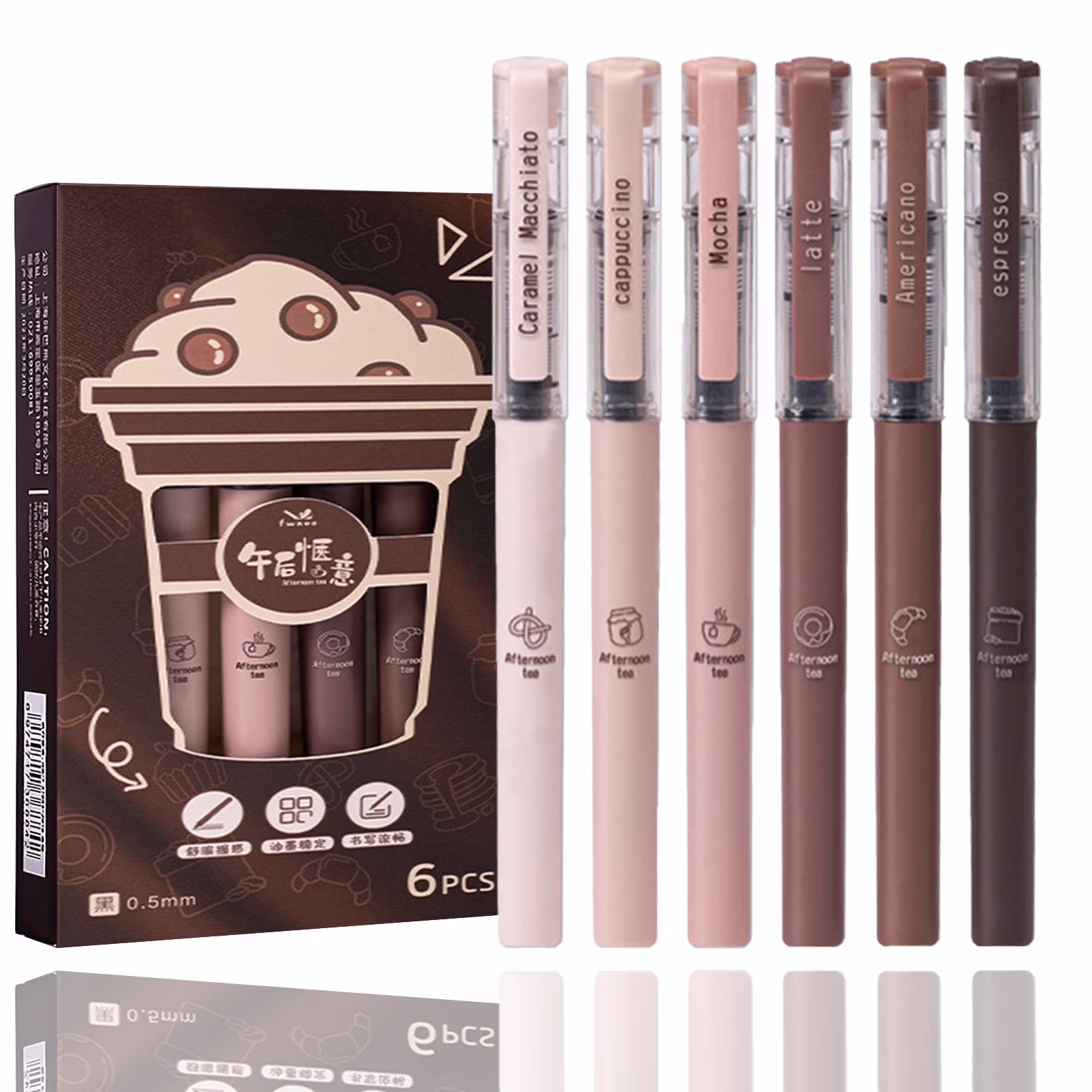 CoreLiving 6-Pack Coffee Liquid Ink Rollerball Pens, Quick-Drying Smooth Writing 0.5 mm Black Ink, Cute Gel Pen for Journaling Office Desk Accessories