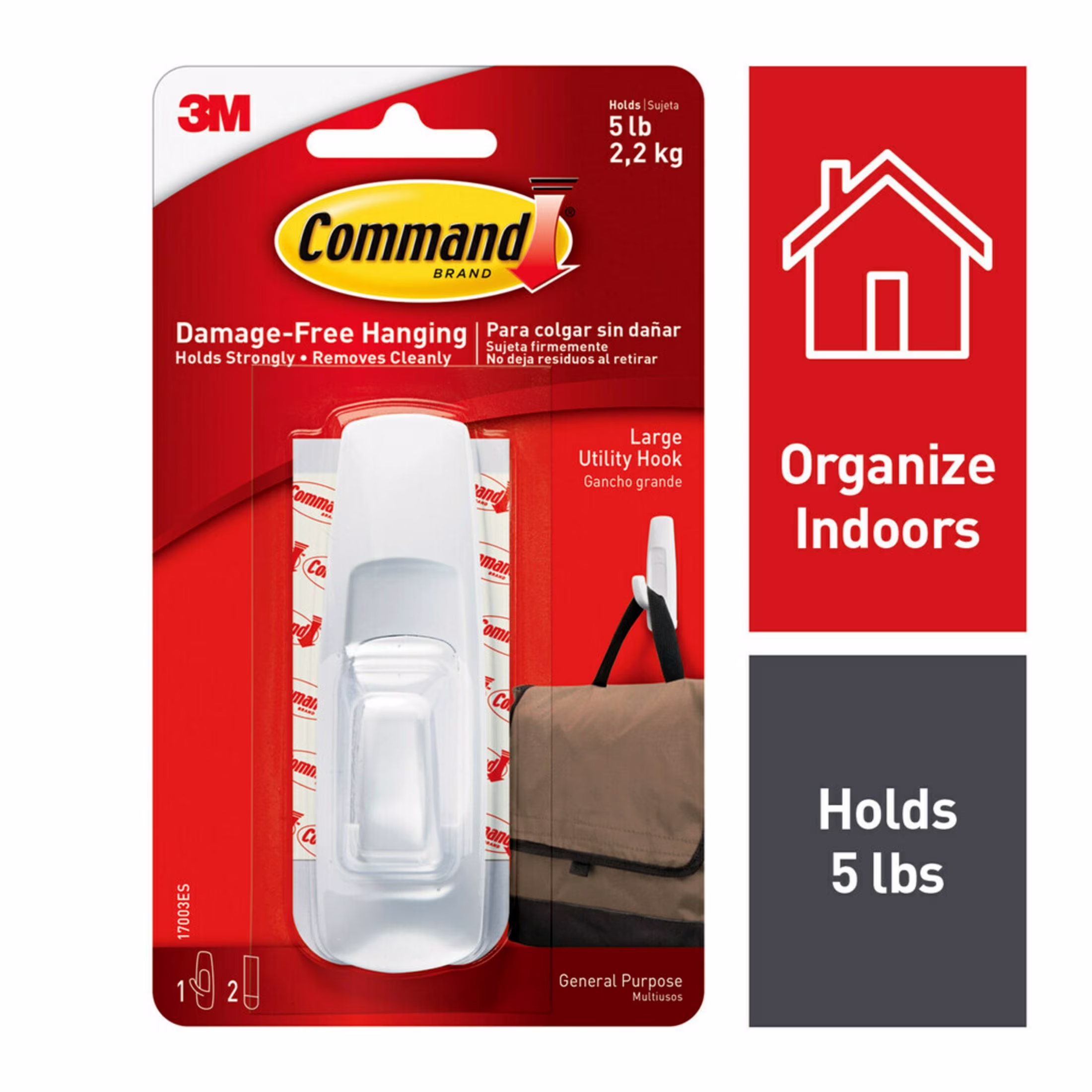Command Large Utility Hooks, Holds 5 lb, White, 6 Hooks, 12 Pairs Adhesive Strips