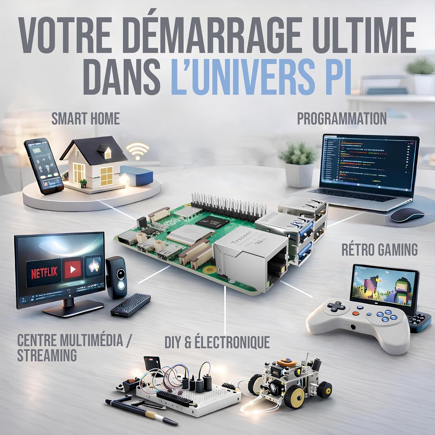 Kit Raspberry Pi 5 8 Go alimentation 27 W boîtier ventilateur HDMI 4K