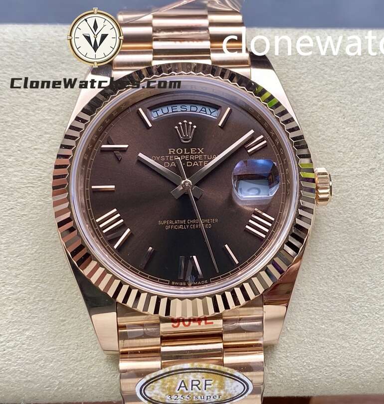 Rolex Super Clone Watches 1:1 Day Date Rose Gold Brown Roman Dial 40mm m228235-0002 3255 Movement