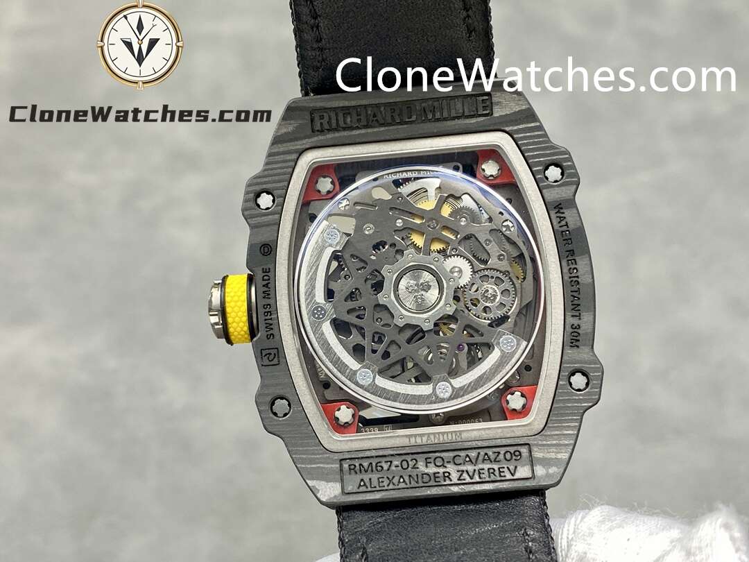 Richard Mille Super Clone Watches 1:1 RM 67 – 02 Carbon Tourbillon Red & Yellow Inner Bezel Black Strap