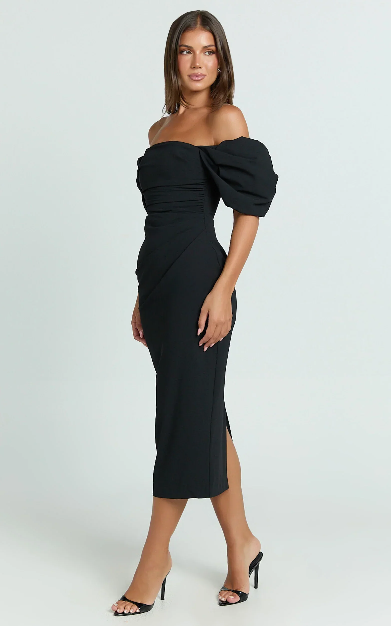 Lohan Midi Dress - Off Shoulder Puff Sleeve in Black