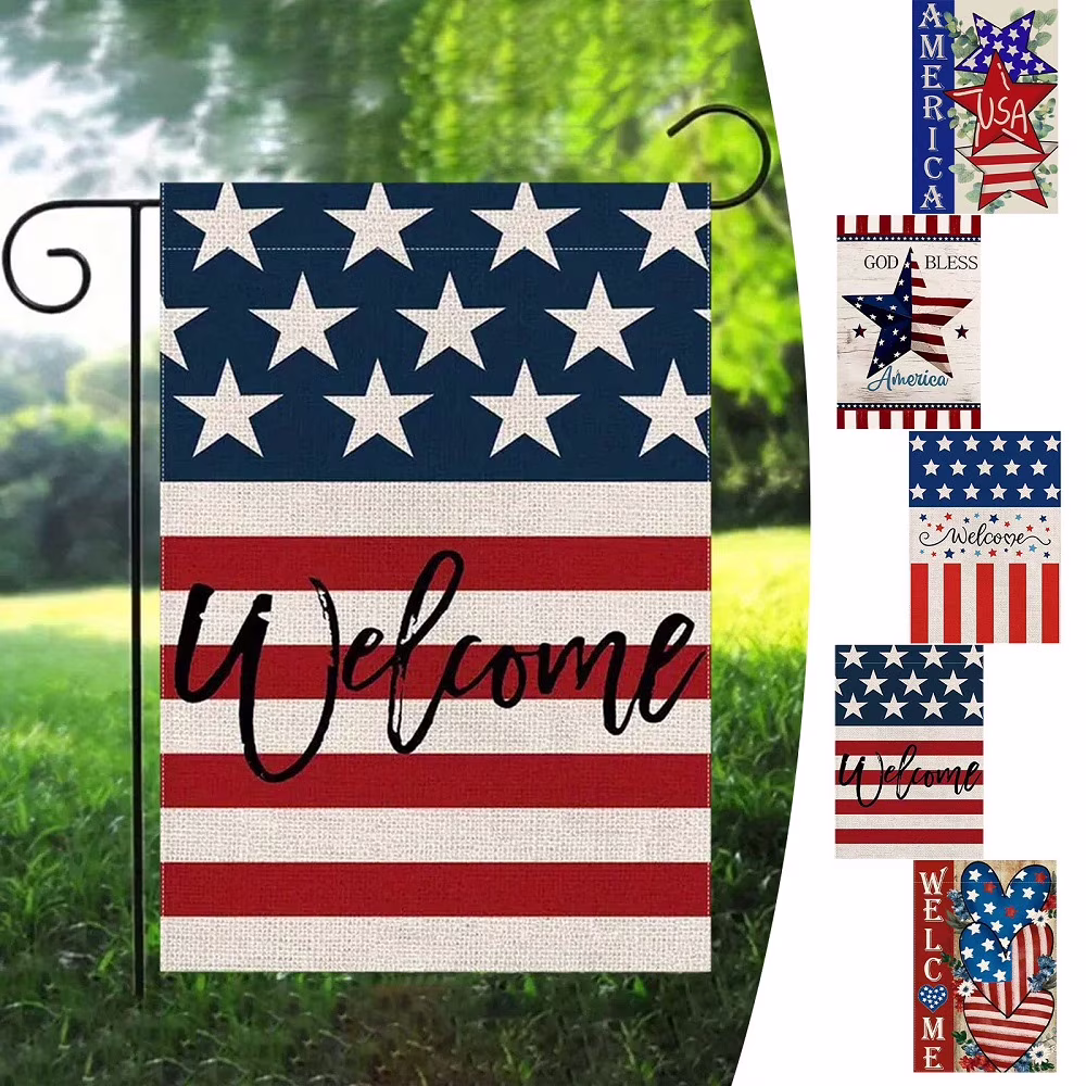 Wzzjkit Patriotic 4th of July Garden Flag 12x18in, Double-sided Memorial Day Garden Flag for Outdoor Yard Party Supplies, Red White and Blue Linen Fourth of July Garden Flag