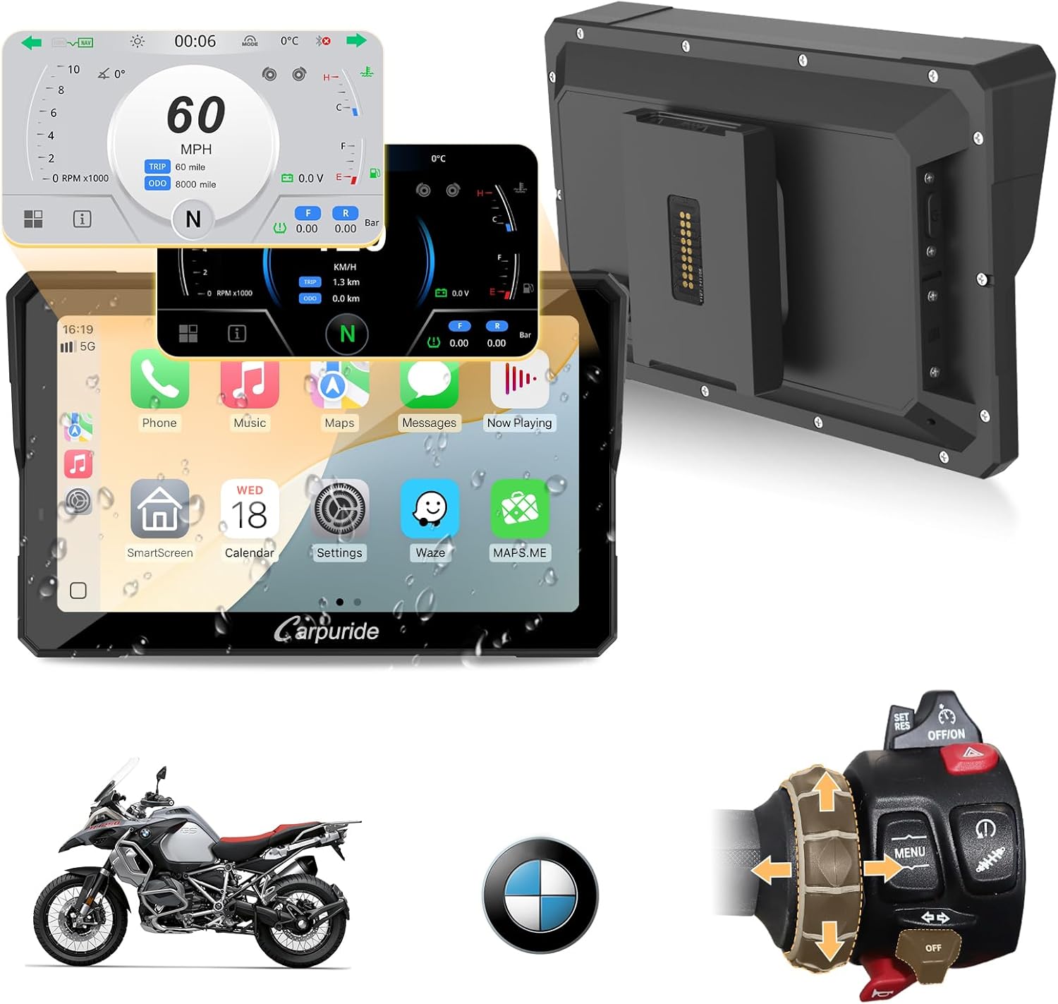Écran moto CarPlay Android Auto 7 pouces étanche double Bluetooth