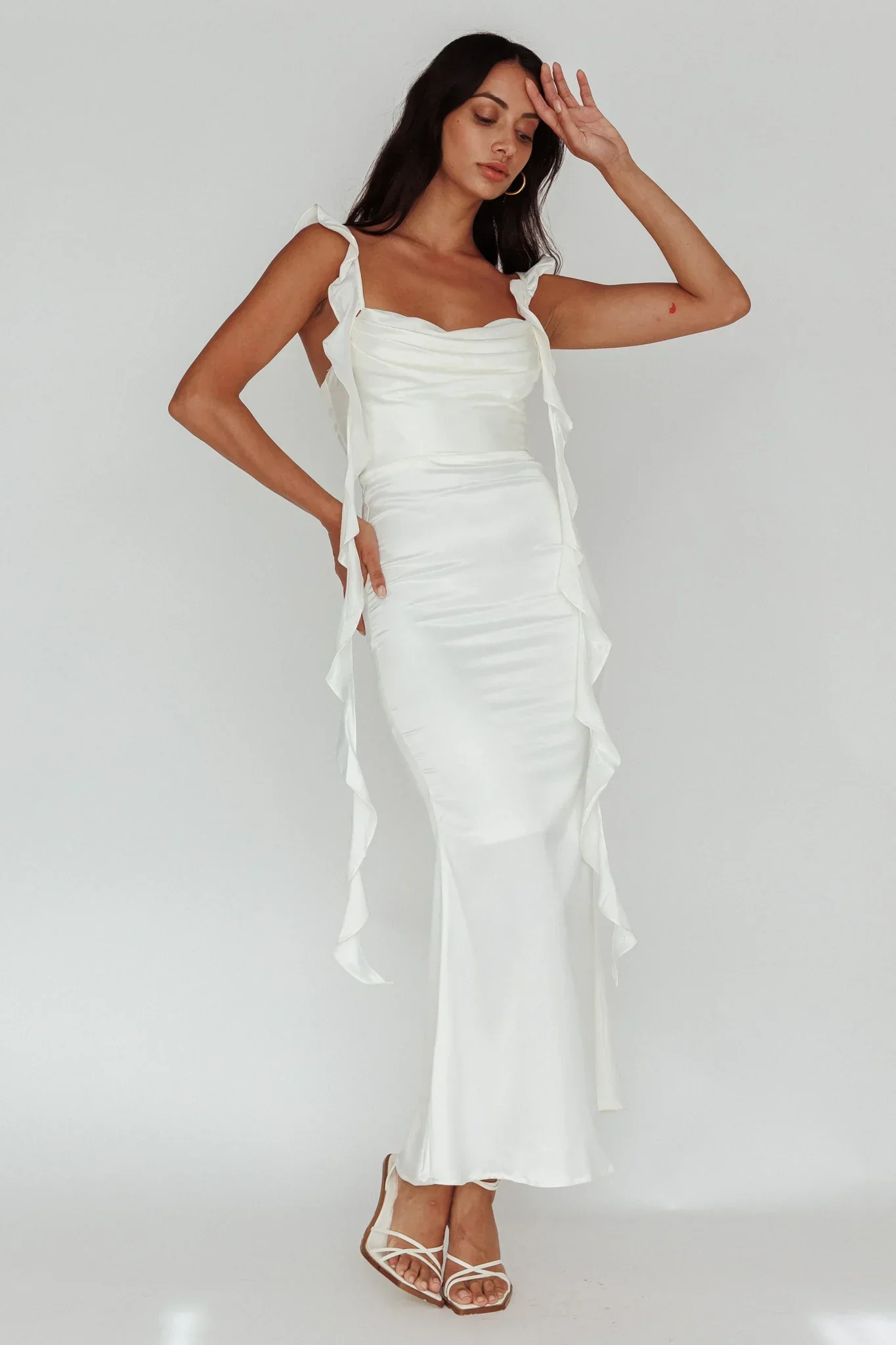 Blushing Ruffle Trim Midi Dress Oyster