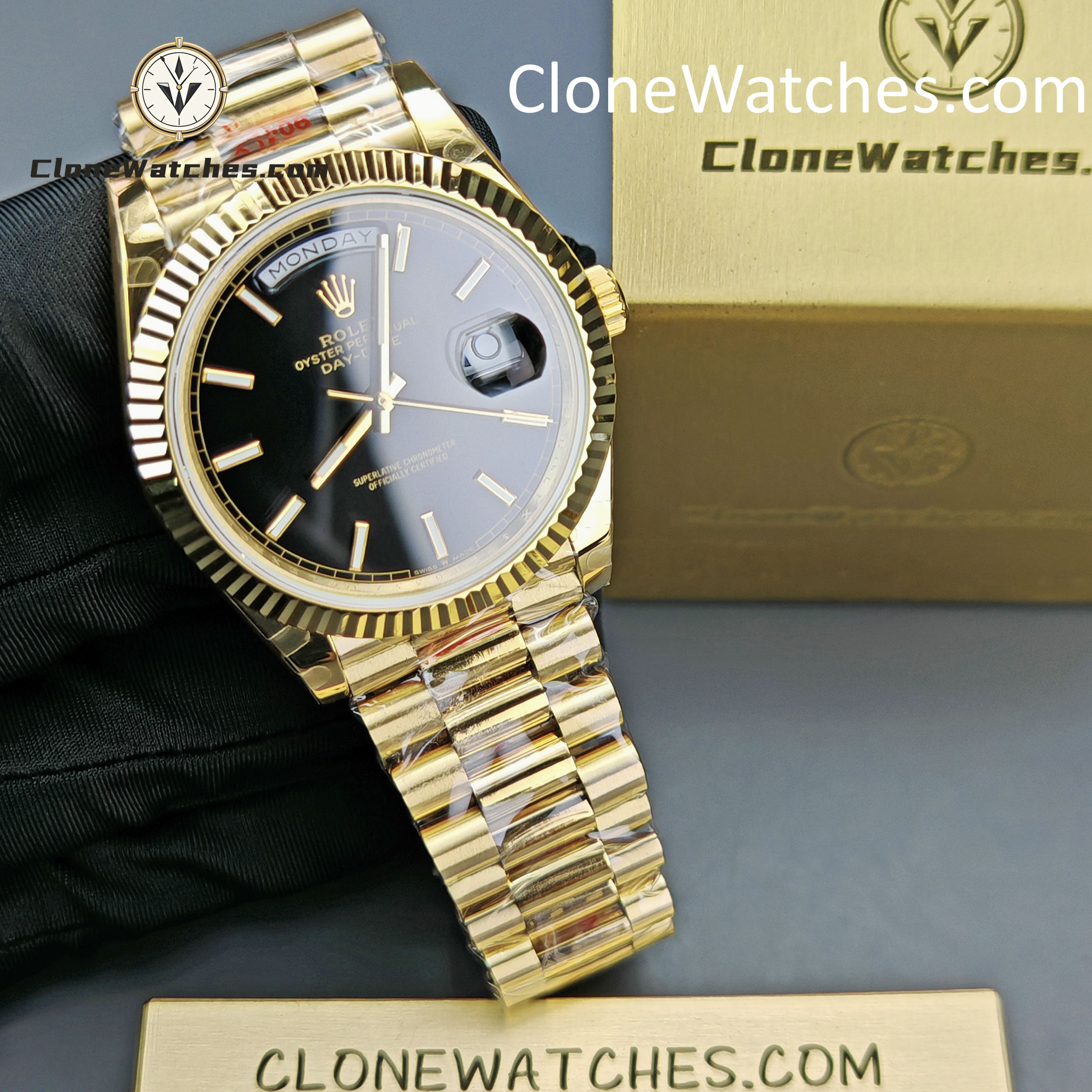 Rolex Super Clone Watches 1:1 Day Date 18K Gold Black Dial 40mm m228238-0067 3255 Movement