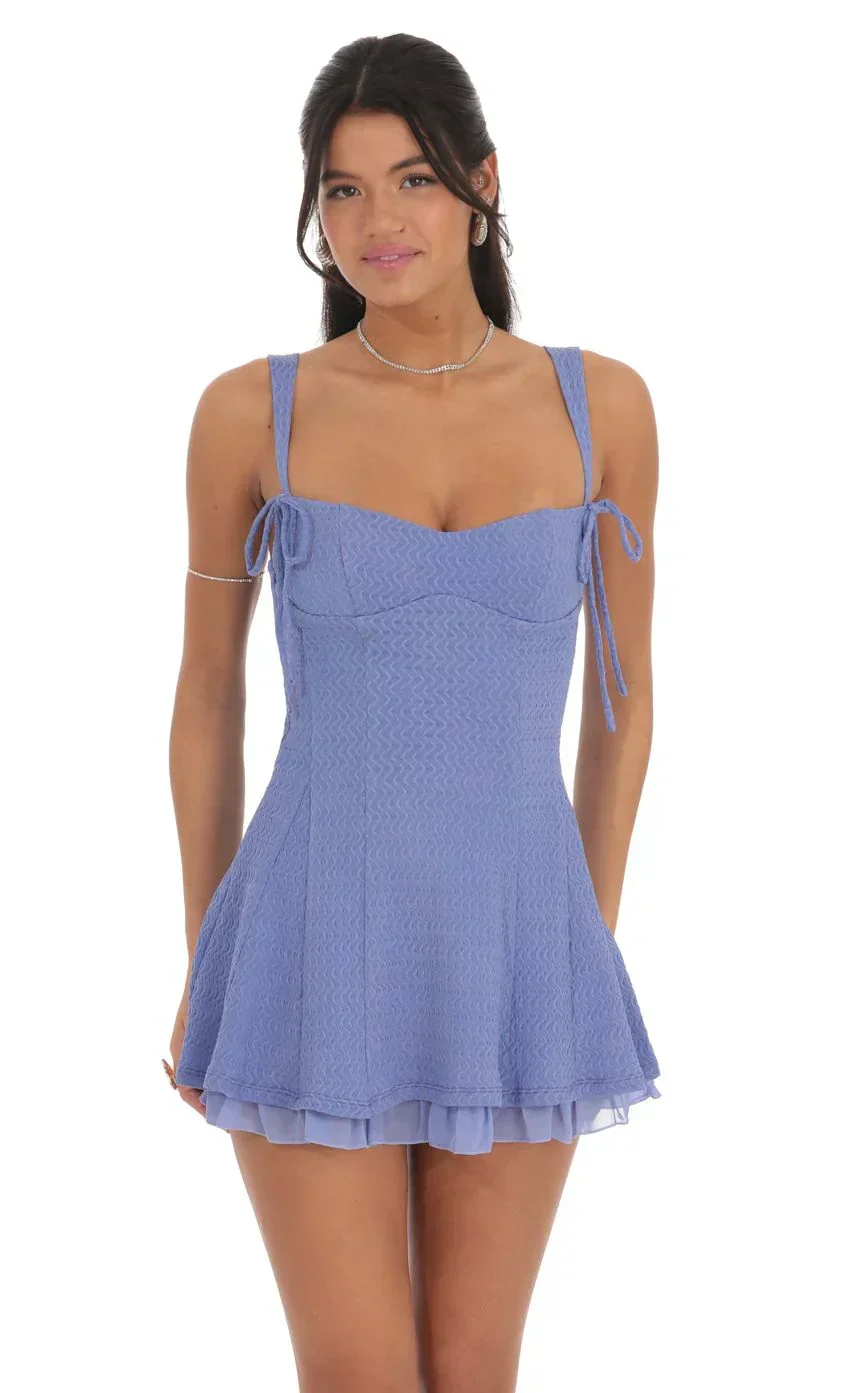 Chevron Double Bows Ruffle Dress in Periwinkle