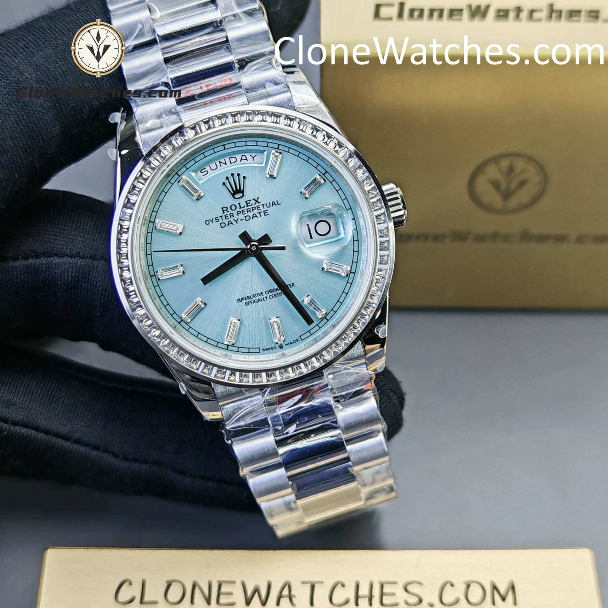 Rolex Super Clone Watches 1:1 Day Date Ice Blue Diamond Bezel Dial 36mm m128396tbr-0003 3255 Movement