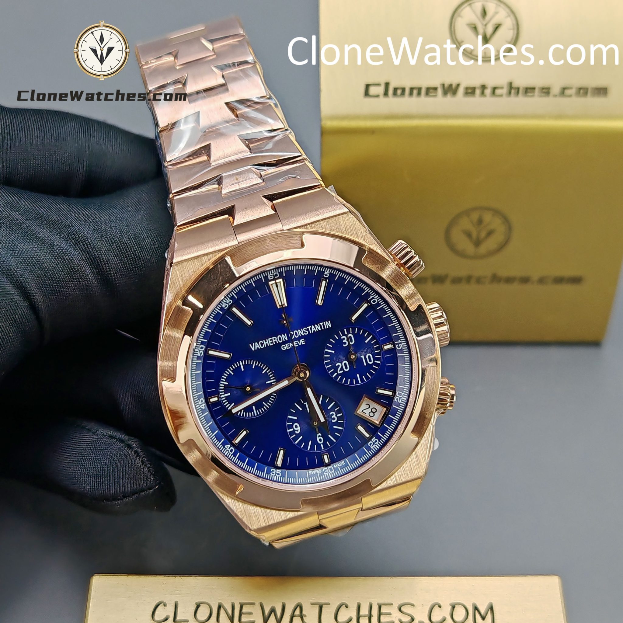 Vacheron Constantin Super Clone Watches 1:1 Overseas Chronograph Rose Gold 5500V/110R-B952 Blue Dial