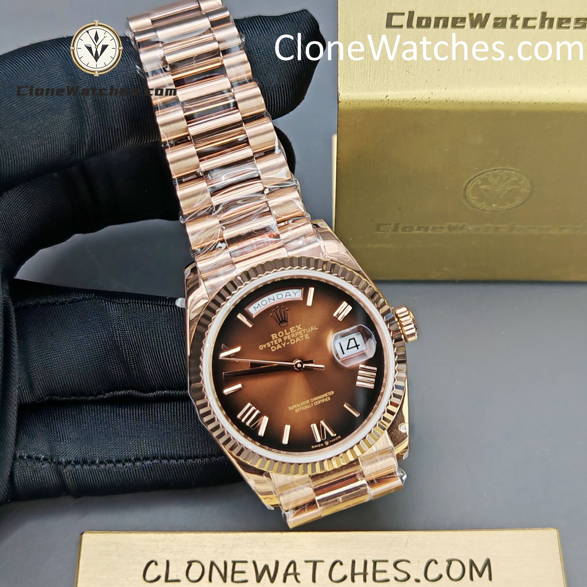 Rolex Super Clone Watches 1:1 Day Date Rose Gold Brown Roman Dial 36mm m128235-0075 3255 Movement
