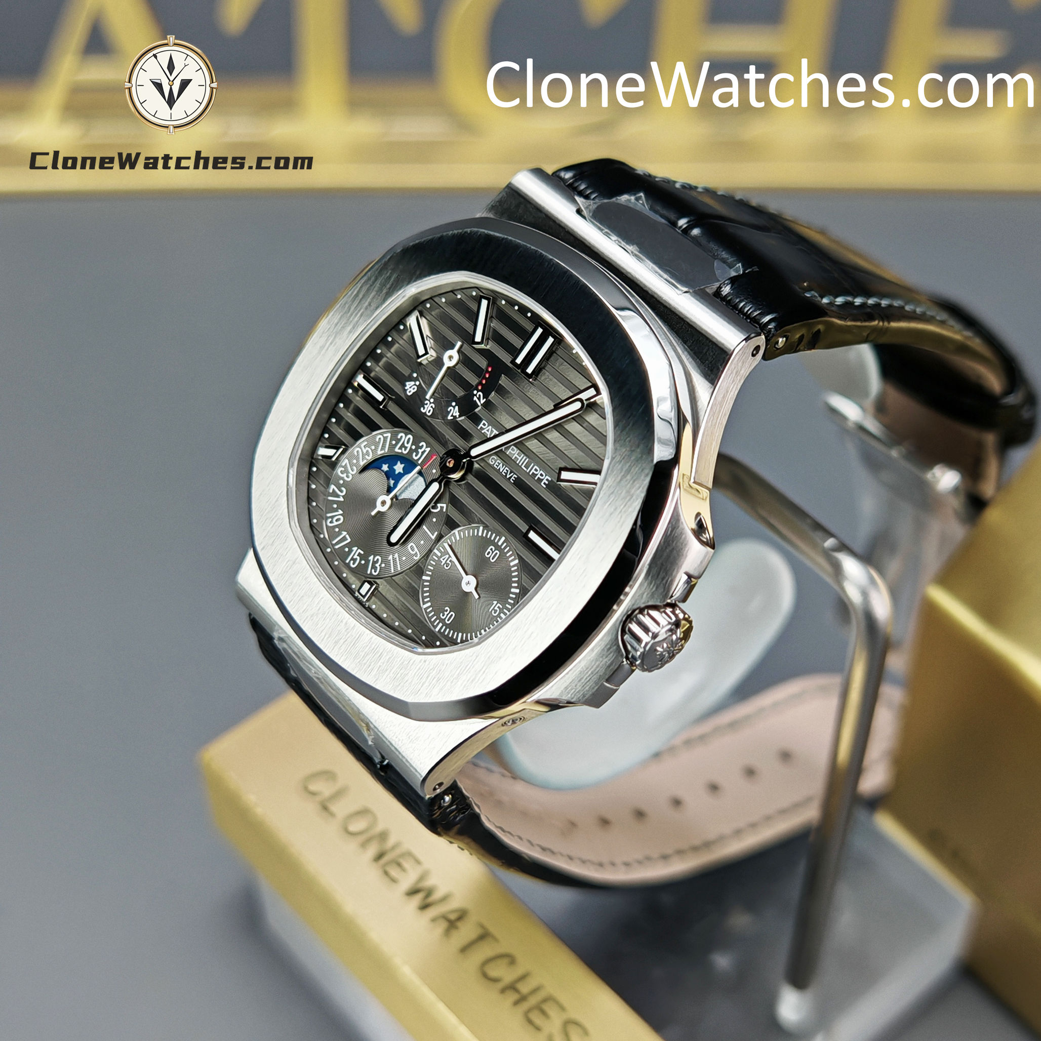 Patek Philippe Super Clone Watches 1:1 Nautilus 5712 Gray Dial Black Leather Strap
