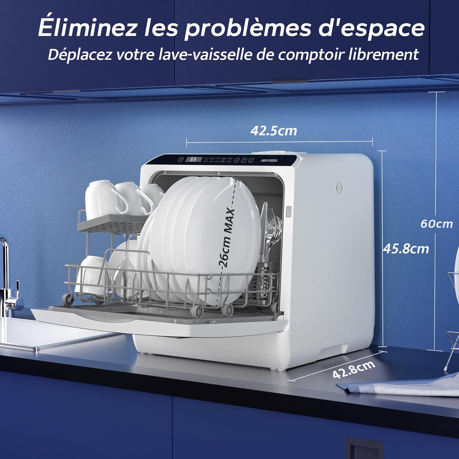 Mini lave vaisselle comptoir 5+1 programmes réservoir 5 L contrôle tactile écran LED blanc noir