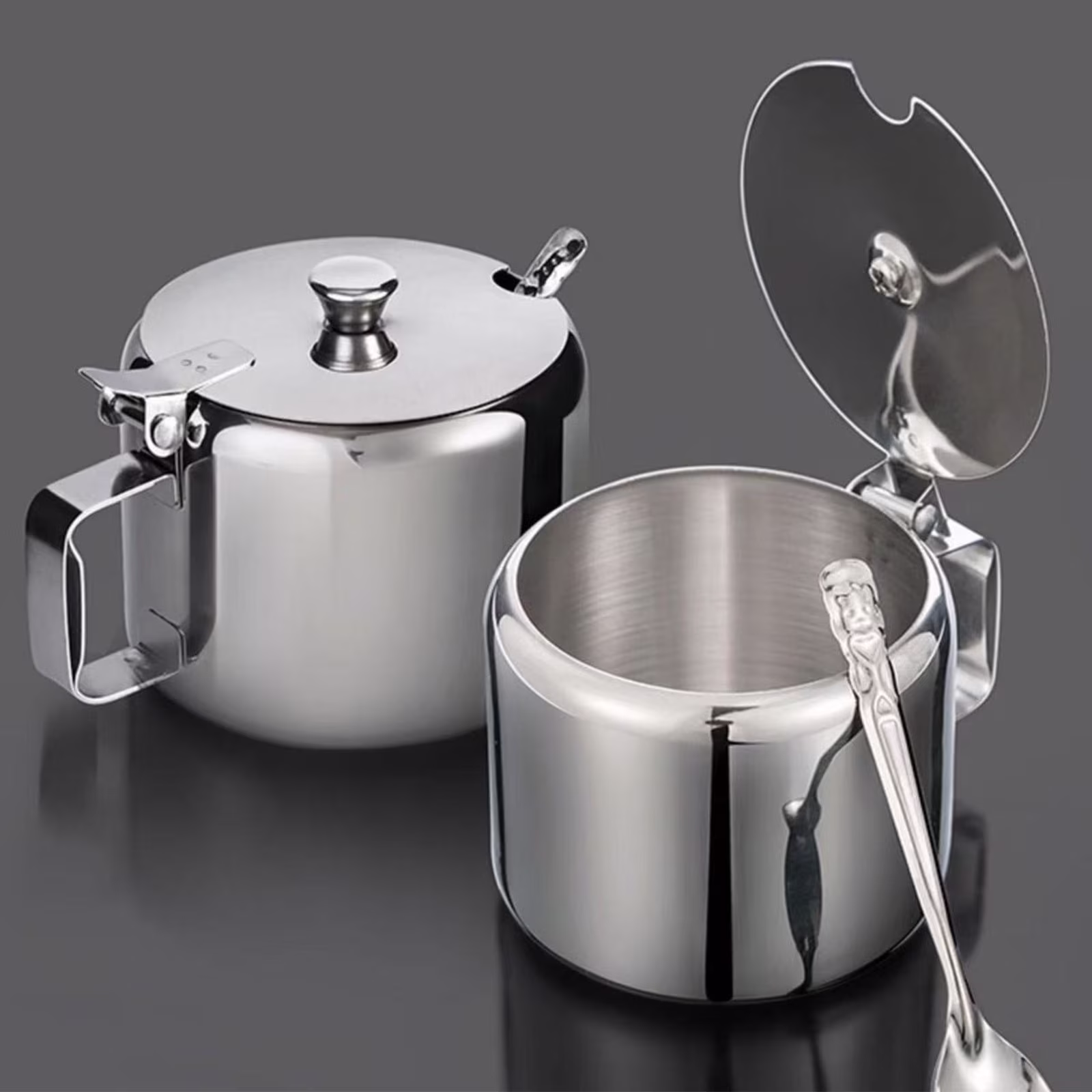VQPeo Stainless Steel Sugar Bowl with Lid and Spoon Coffee Seasoning Jar Condiment Pot Spice Container Canister Cruet with Lid and Spoon