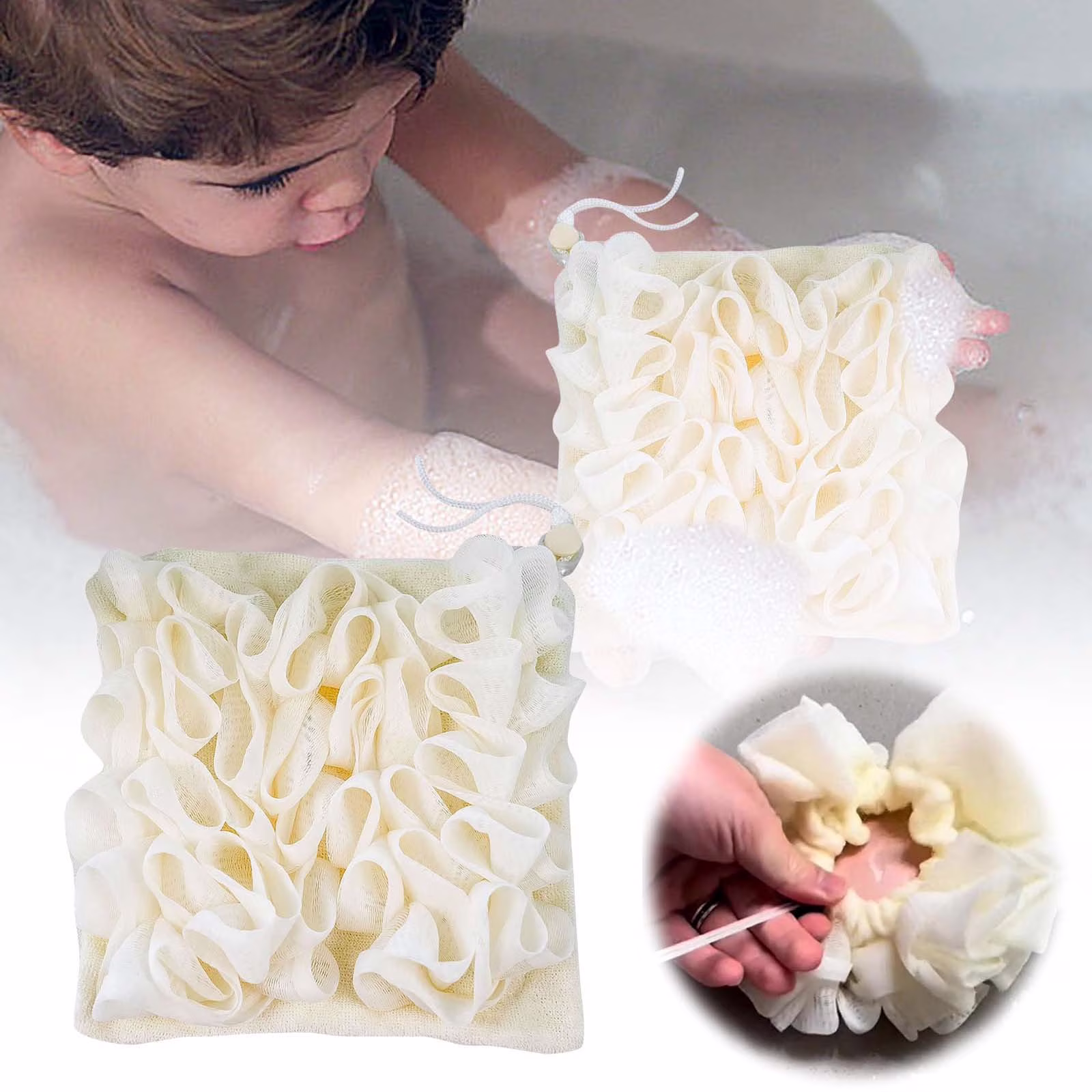 Shower Loofah With Drawstring Soap Holder & Bubble Maker Soft Scrubbing Sponge For Rich Back Mesh Bath Sponges Pouf Ball Exfoliating Accessory Beige