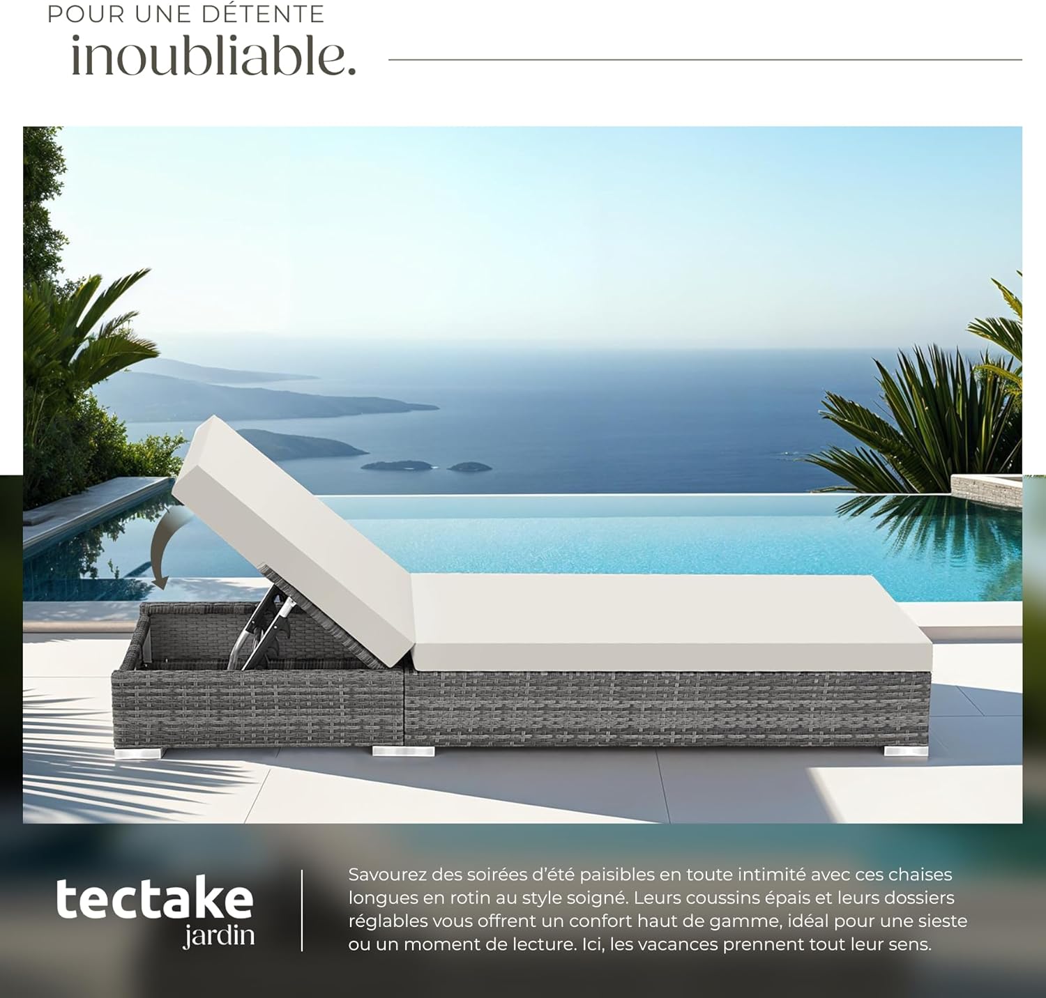 Set 2 chaises longues bain de soleil dossier réglable table aluminium résine tressée housses protection gris