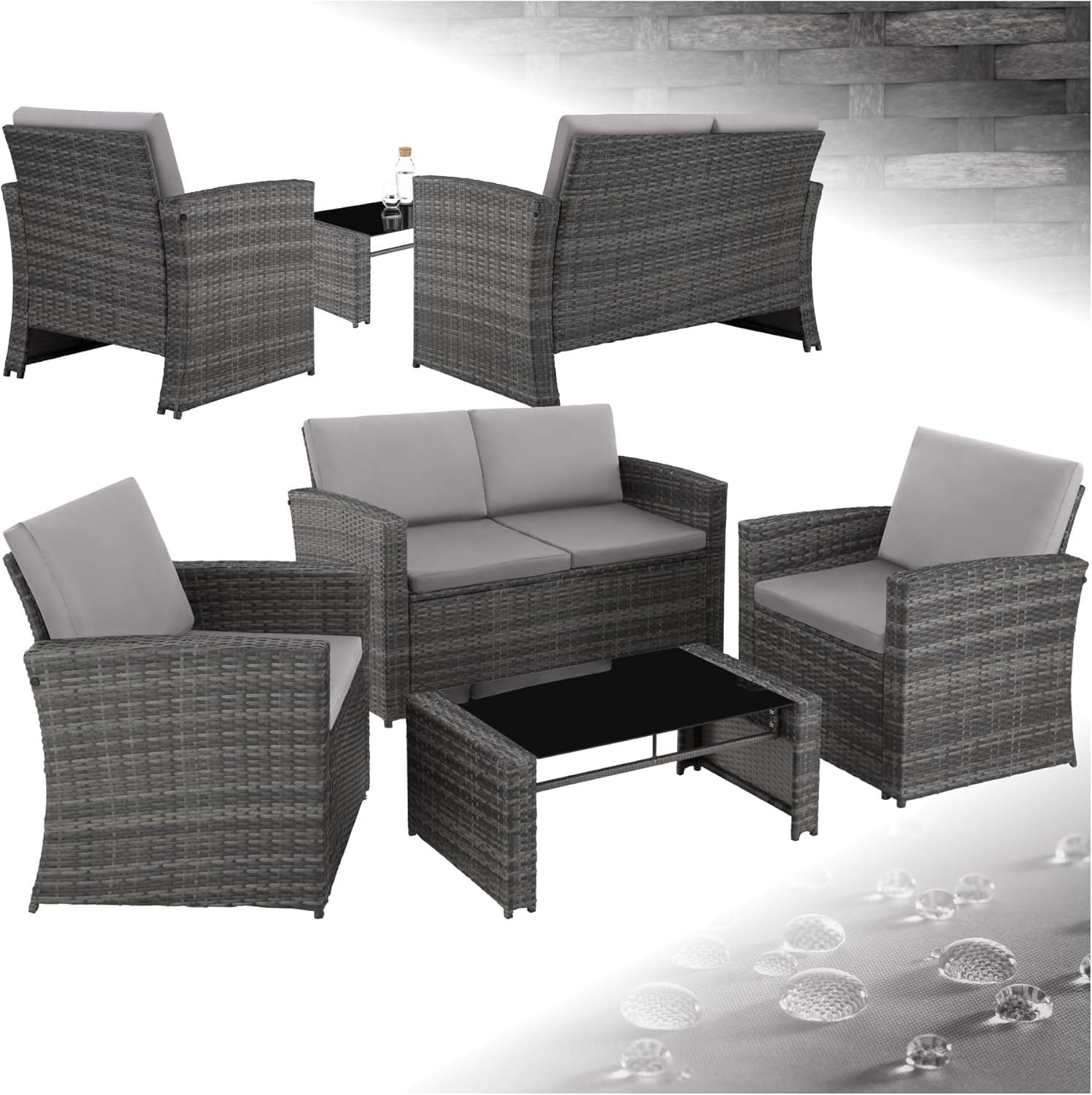 Salon jardin résine tressée 4 personnes canapé 2 fauteuils table verre coussins gris gris clair
