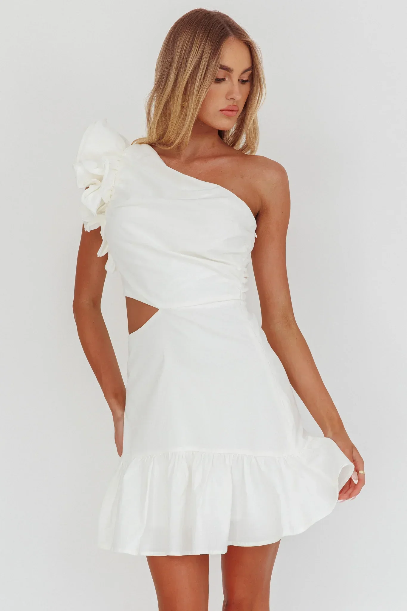 Deanna One-Shoulder Cut-Out Mini Dress White
