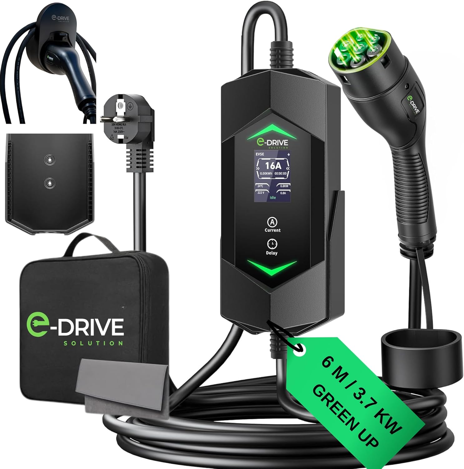 Chargeur voiture électrique 3,7 kW 6 m écran LCD départ différé câble type 2