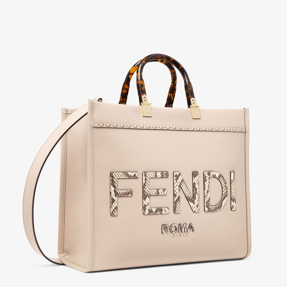 Fendi Medium Sunshine Shopping Tote Bag  Light brown leather and brocade snakeskin handbag-grey