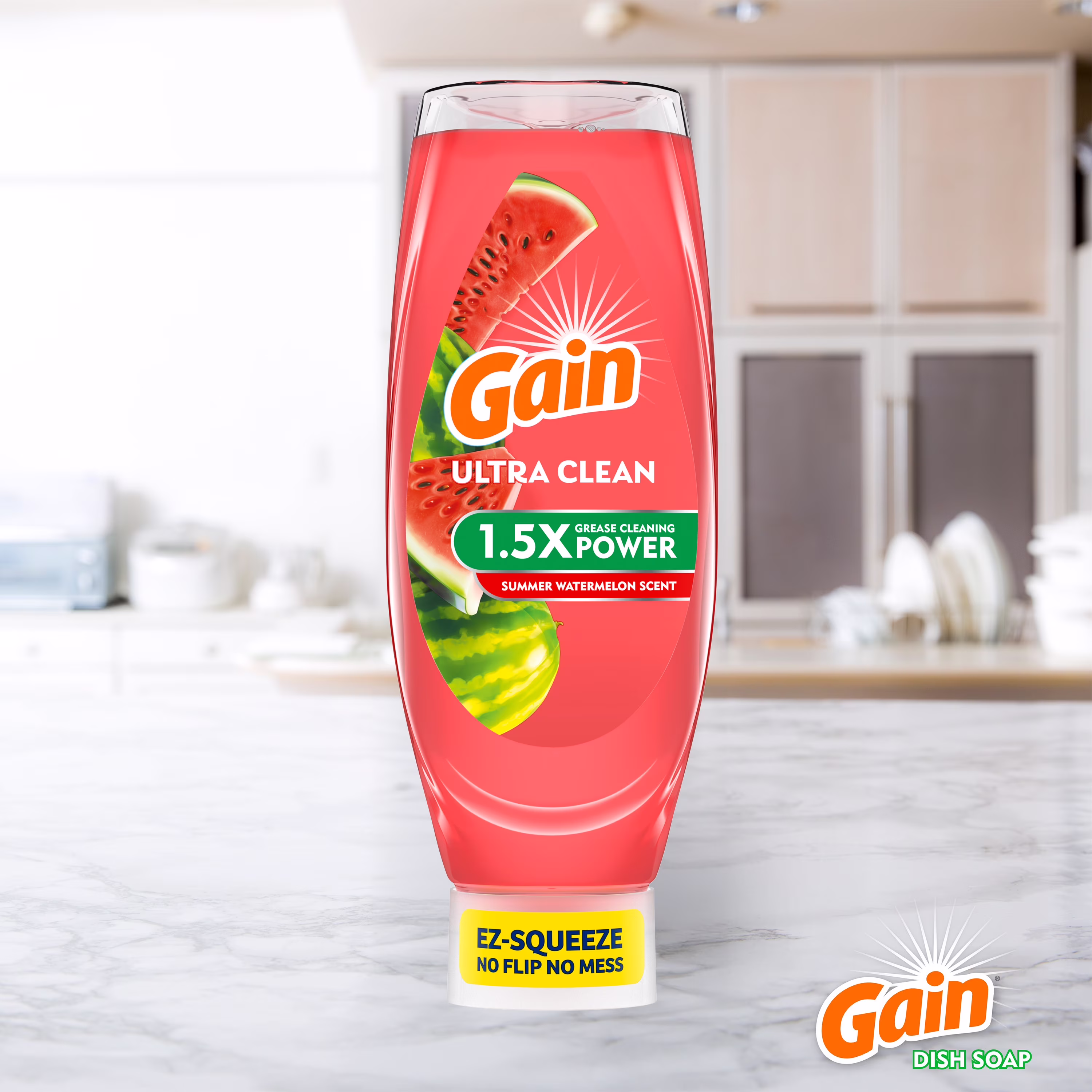 Gain Ultra EZ-Squeeze Dish Soap, Dishwashing Liquid, Grease Removal, Summer Watermelon, 14.7oz