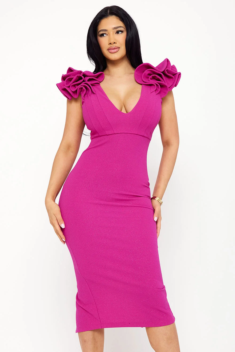 Symphony Dress - Glitter Ruffle Shoulders Midi Dress