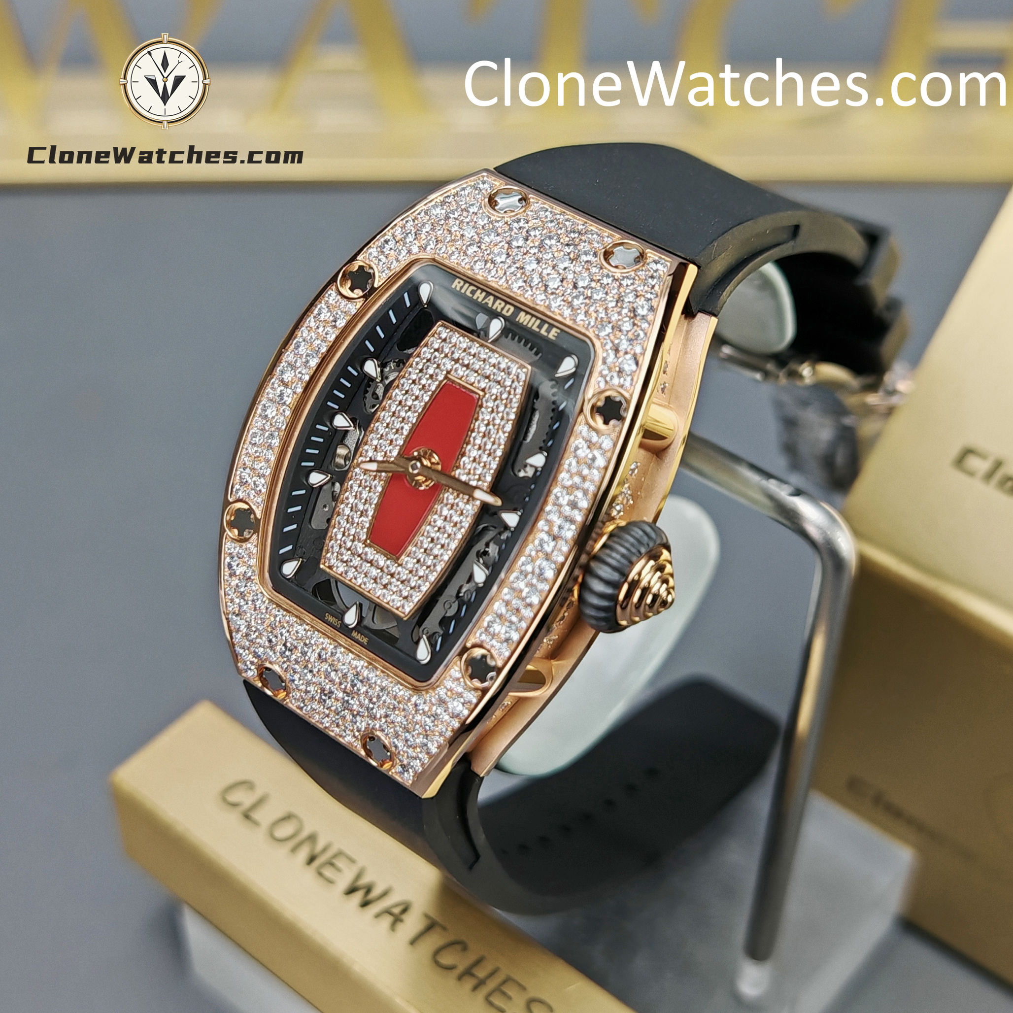 Richard Mille Super clone watches 1:1 RM 07-01Rose Gold Diamond dial Black strap