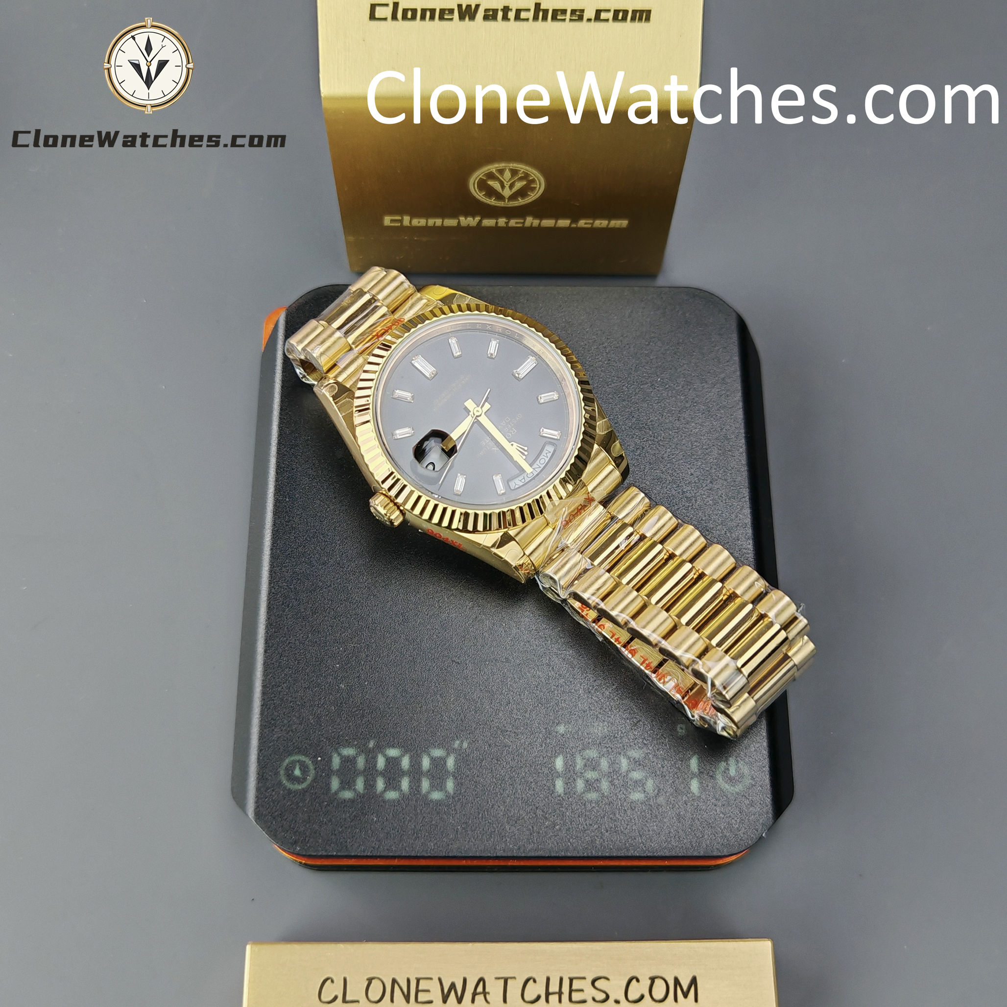 Rolex Super Clone Watches 1:1 Day Date 18K Gold Black Diamond Dial 40mm m228238-0059 3255 Movement