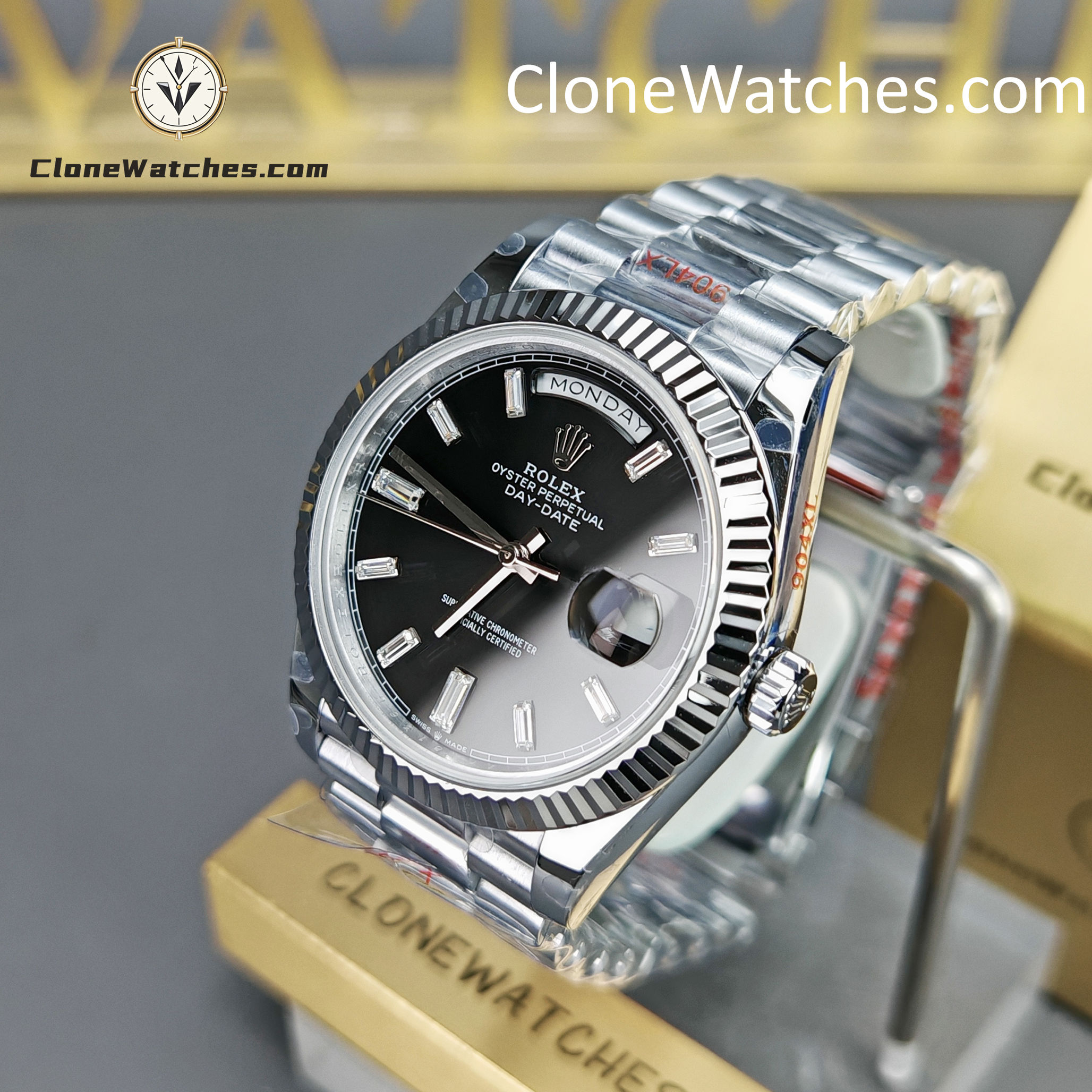 Rolex Super Clone Watches 1:1 Day Date Black Diamond Dial 40mm m228236-0004 3255 Movement