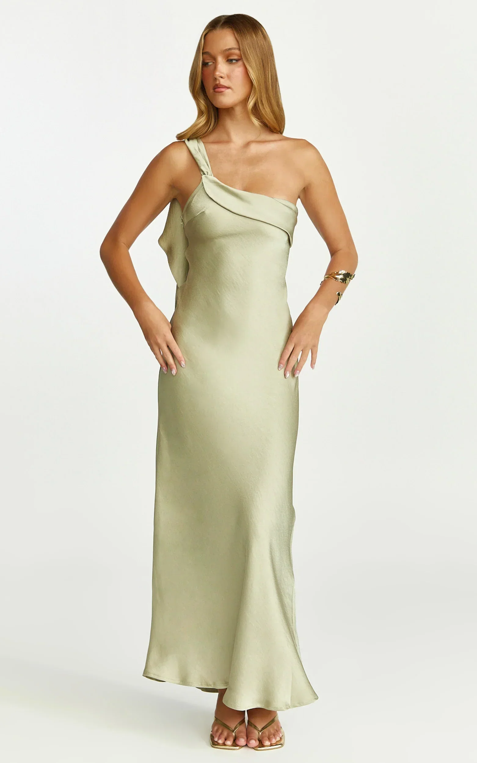 Calix Midi Dress - One Shoulder Slip Dress in Light Olive