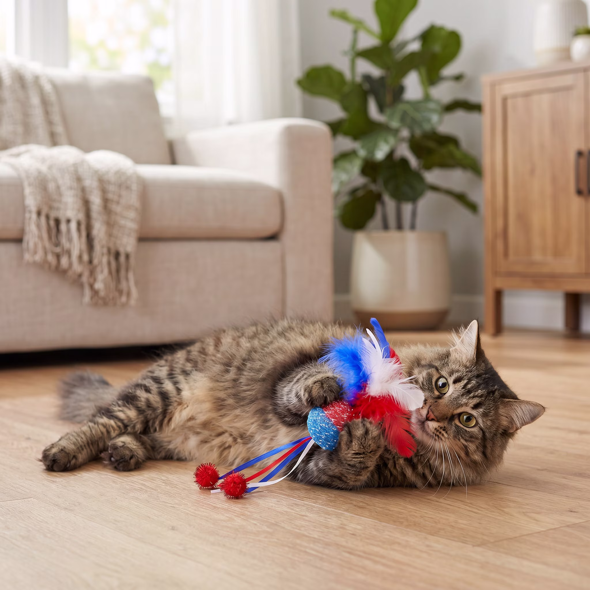 Vibrant Life Red/White/Blue Mesh Ball with Feathers Cat Toy