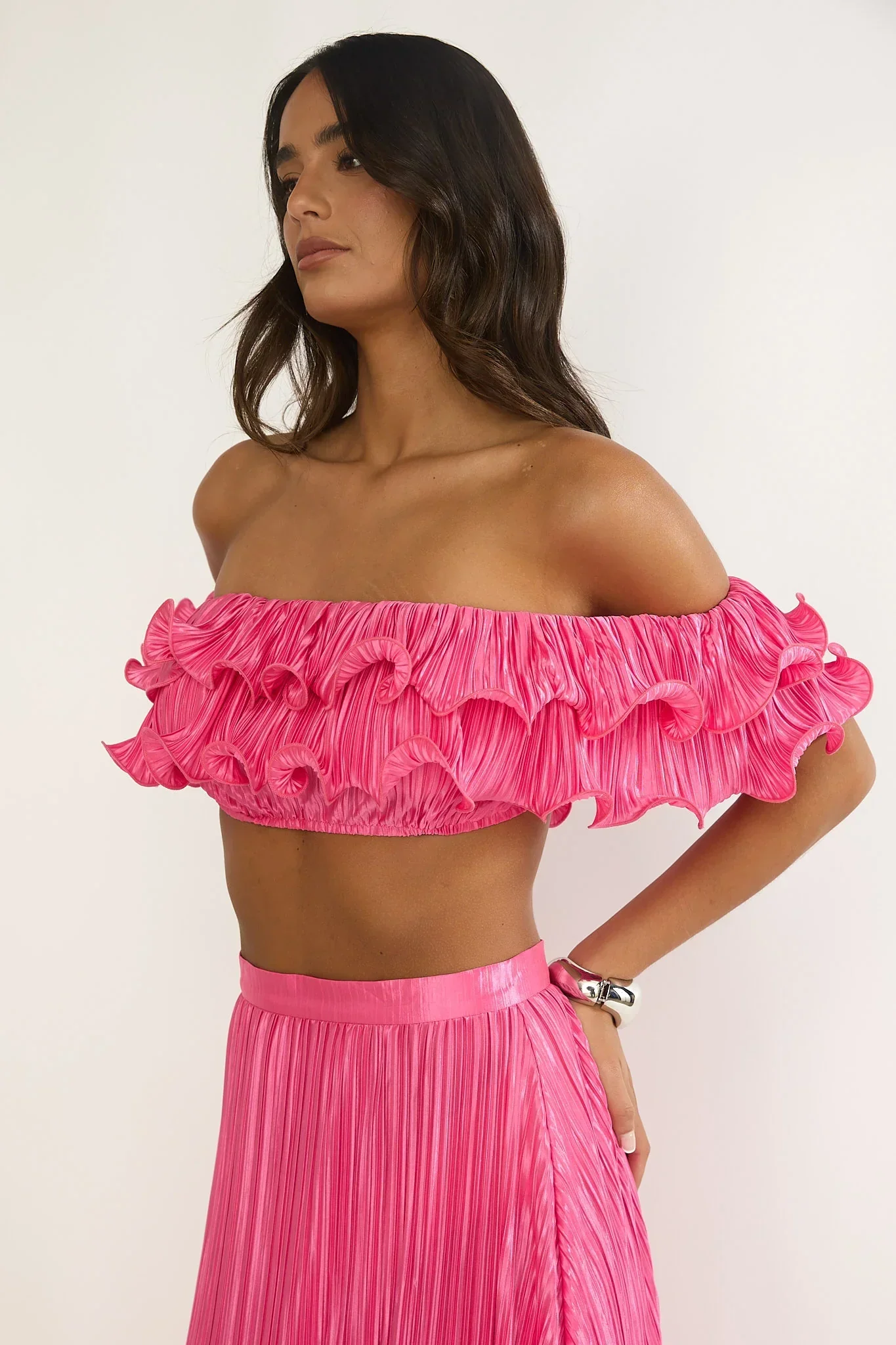 Amaria Off-Shoulder Lettuce Edge Crop Top Hot Pink